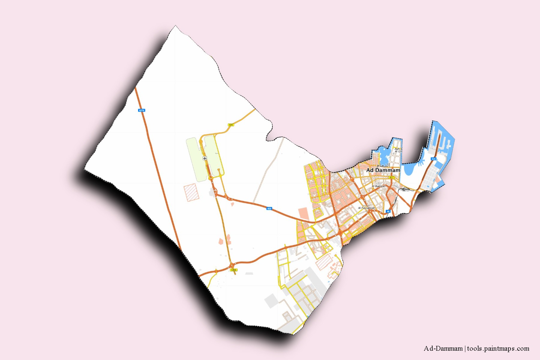 3D gölge efektli Ad-Dammam mahalleleri ve köyleri haritası