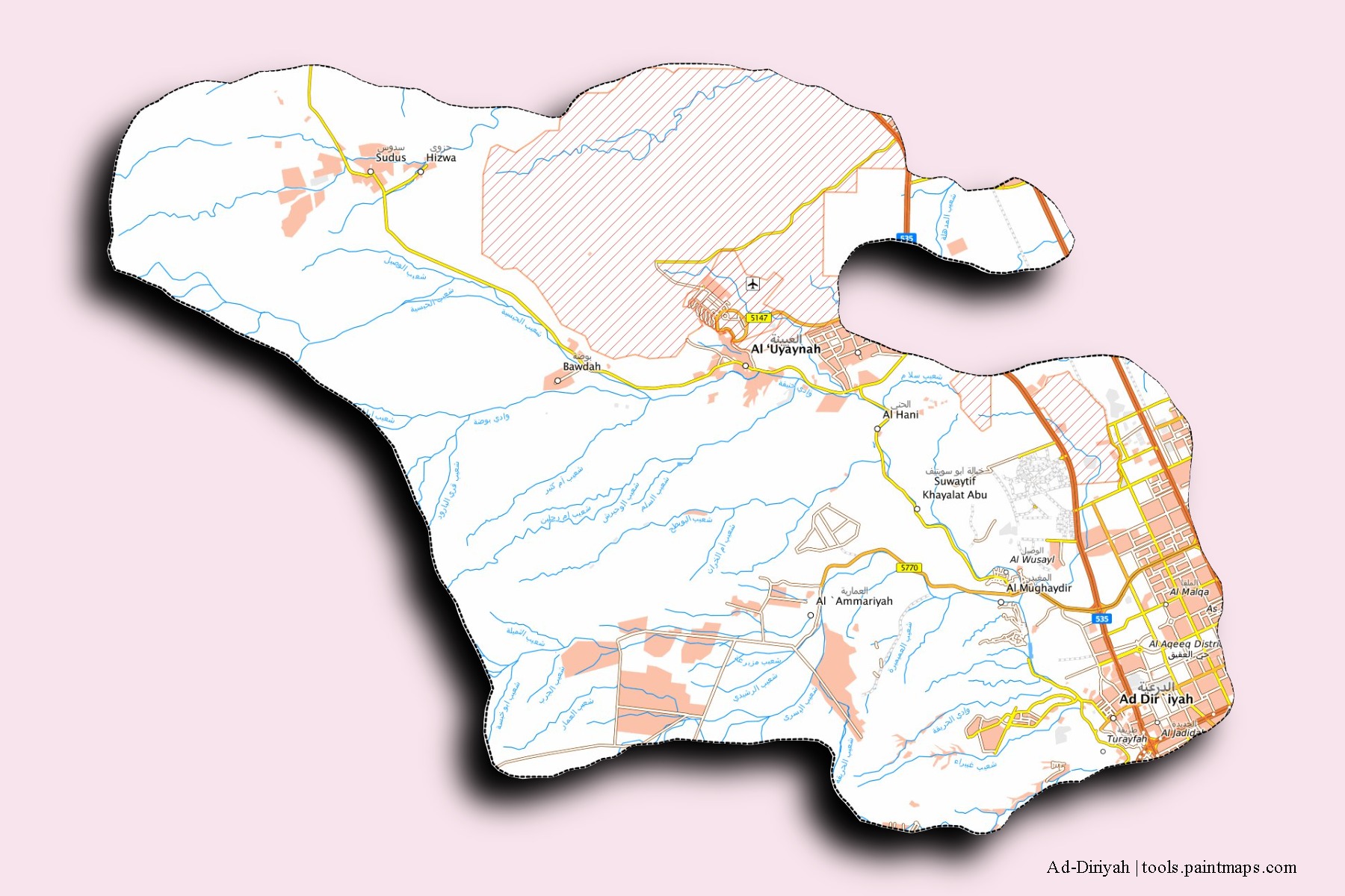 3D gölge efektli Ad-Diriyah mahalleleri ve köyleri haritası