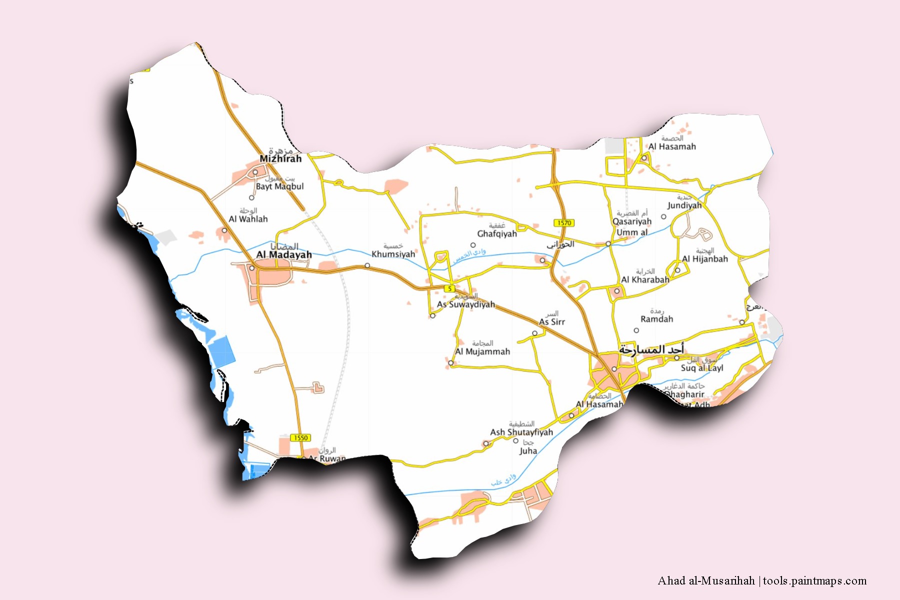 3D gölge efektli Ahad al-Musarihah mahalleleri ve köyleri haritası