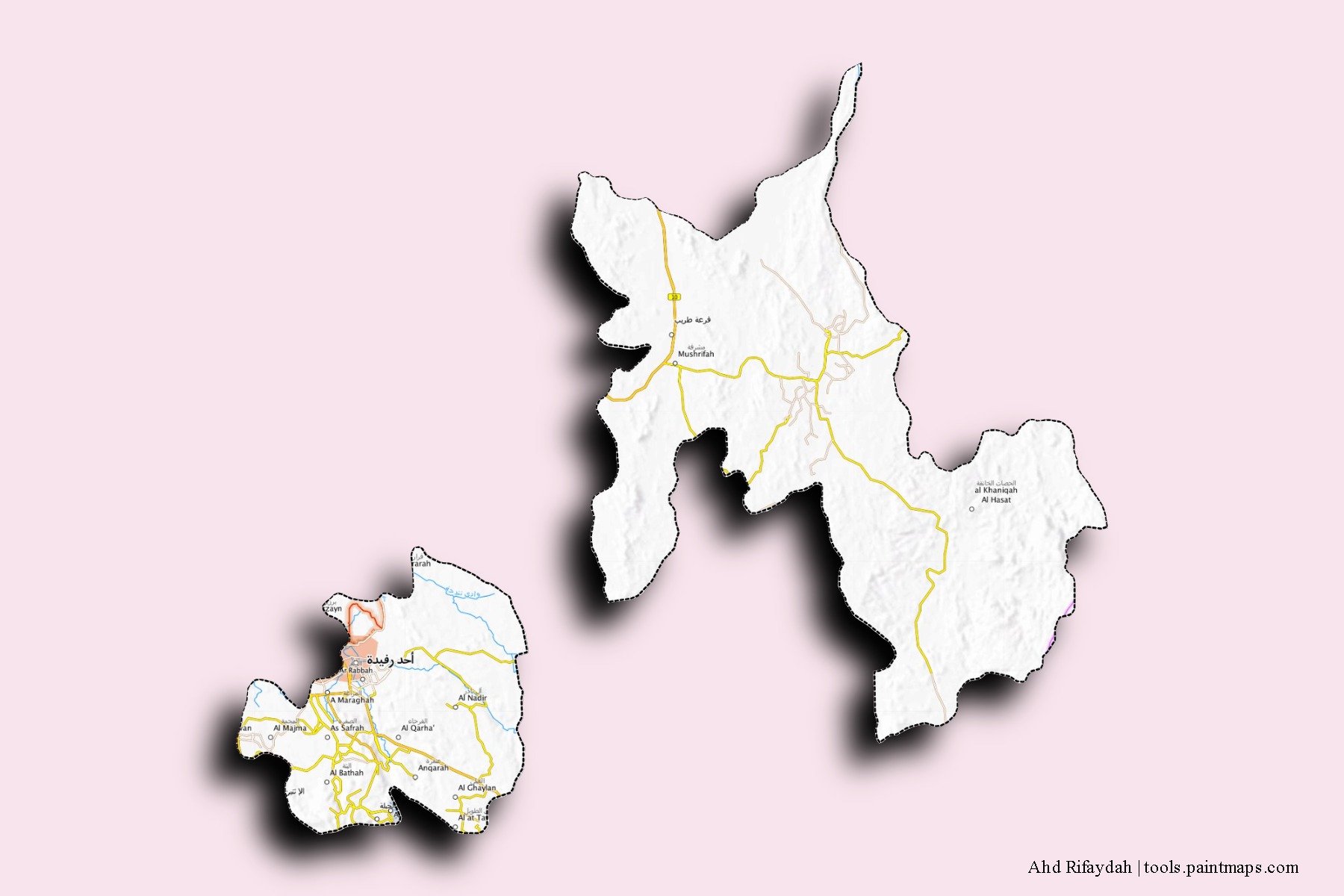 Mapa de barrios y pueblos de Ahd Rifaydah con efecto de sombra 3D