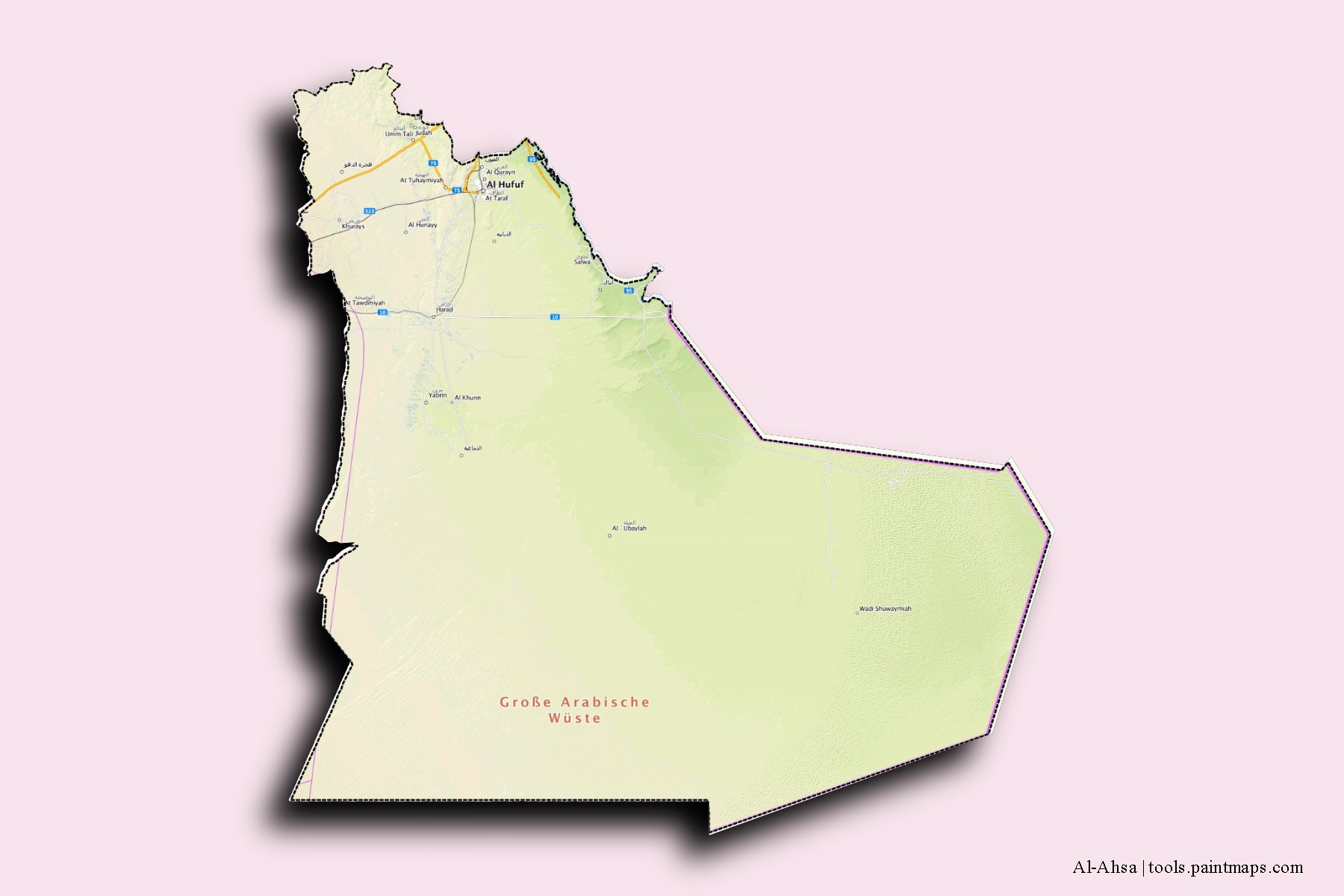 Mapa de barrios y pueblos de Al-Ahsa con efecto de sombra 3D