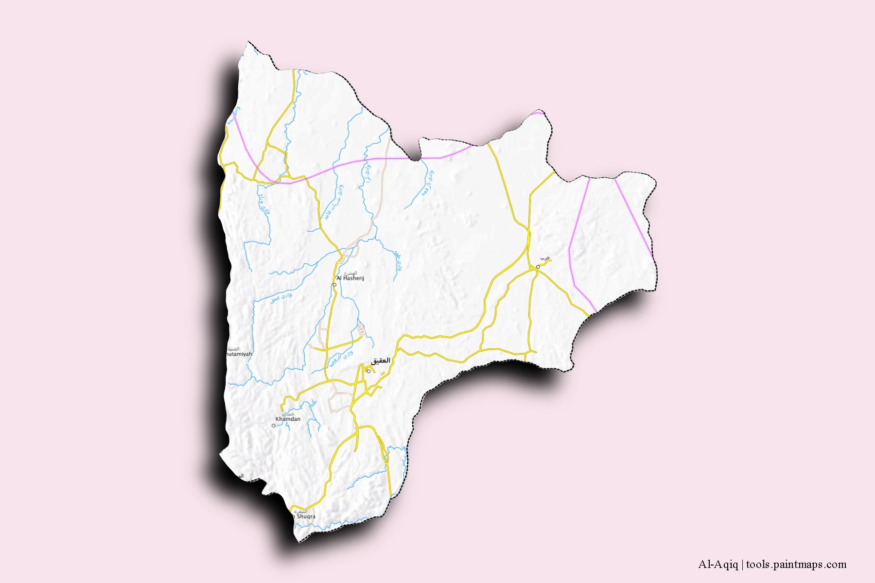 Mapa de barrios y pueblos de Al-Aqiq con efecto de sombra 3D