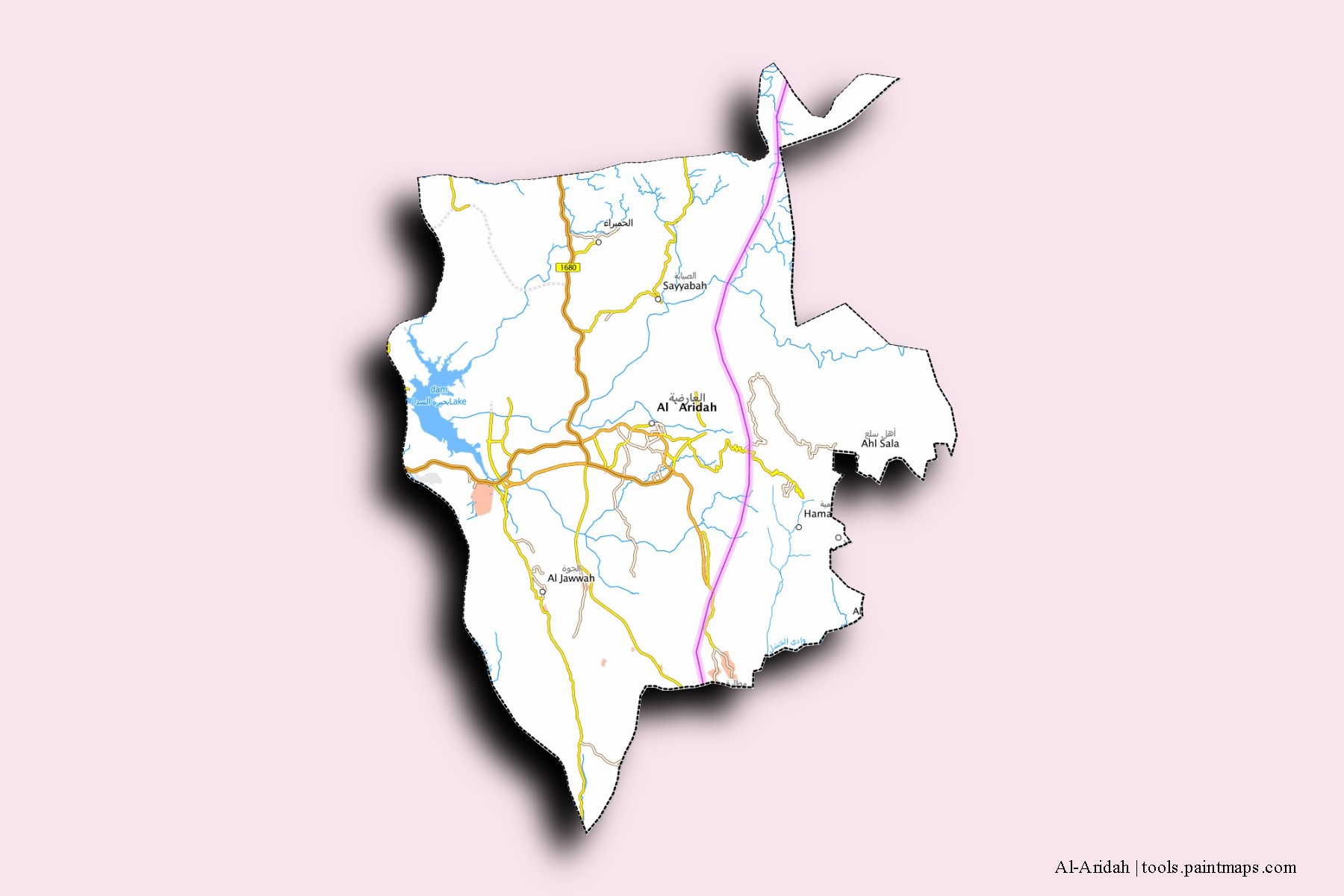 Mapa de barrios y pueblos de Al-Aridah con efecto de sombra 3D