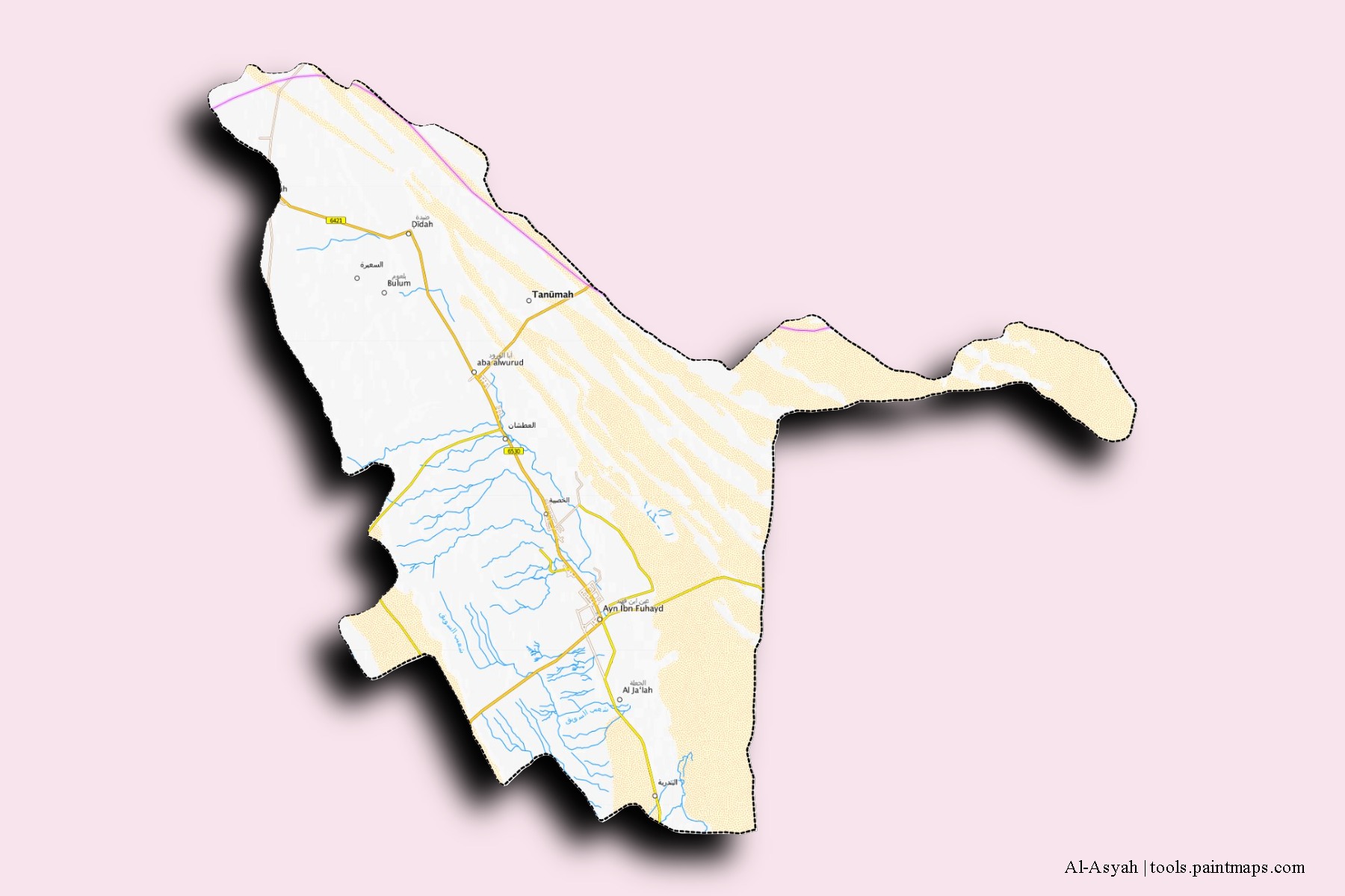 3D gölge efektli Al-Asyah mahalleleri ve köyleri haritası