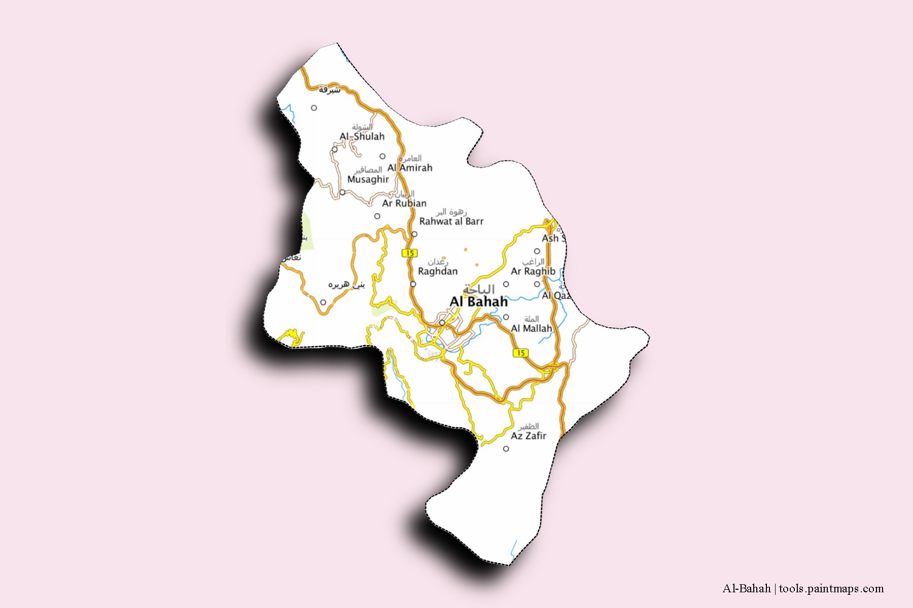 Mapa de barrios y pueblos de Al-Bahah con efecto de sombra 3D