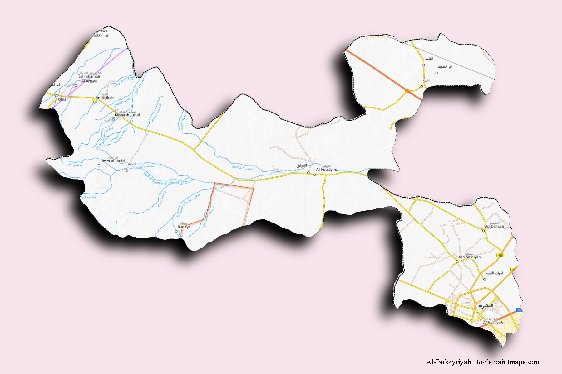 3D gölge efektli Al-Bukayriyah mahalleleri ve köyleri haritası