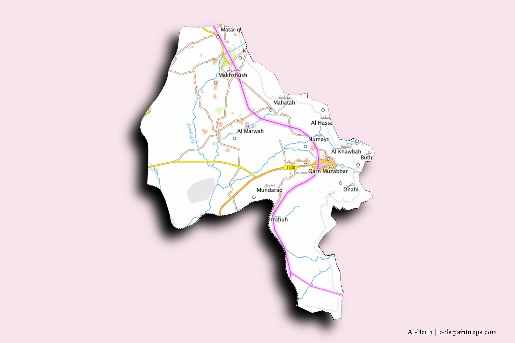 Mapa de barrios y pueblos de Al-Harth con efecto de sombra 3D