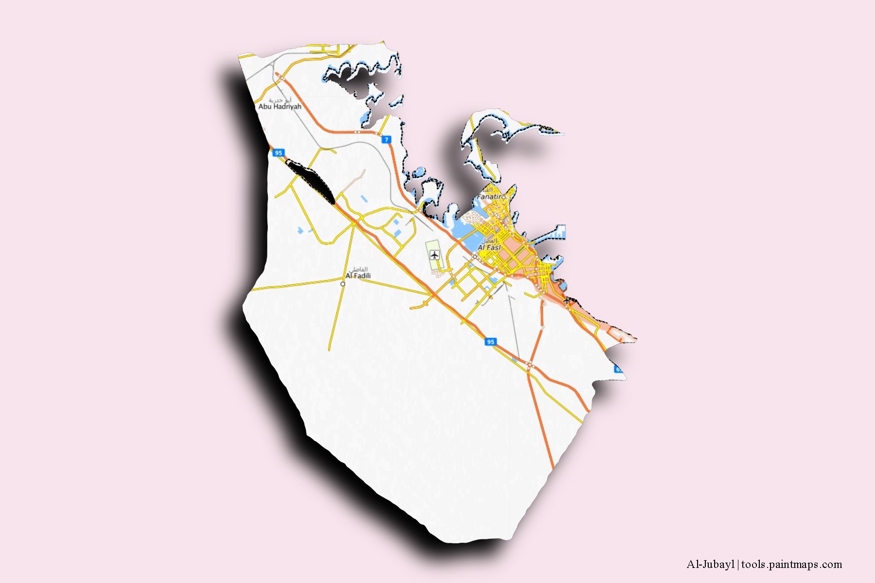 3D gölge efektli Al-Jubayl mahalleleri ve köyleri haritası