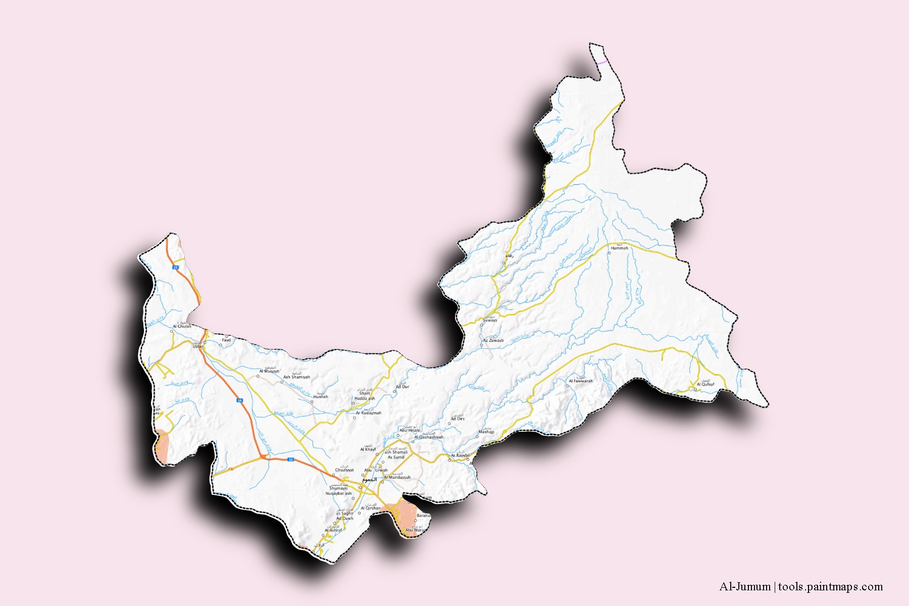 Al-Jumum neighborhoods and villages map with 3D shadow effect