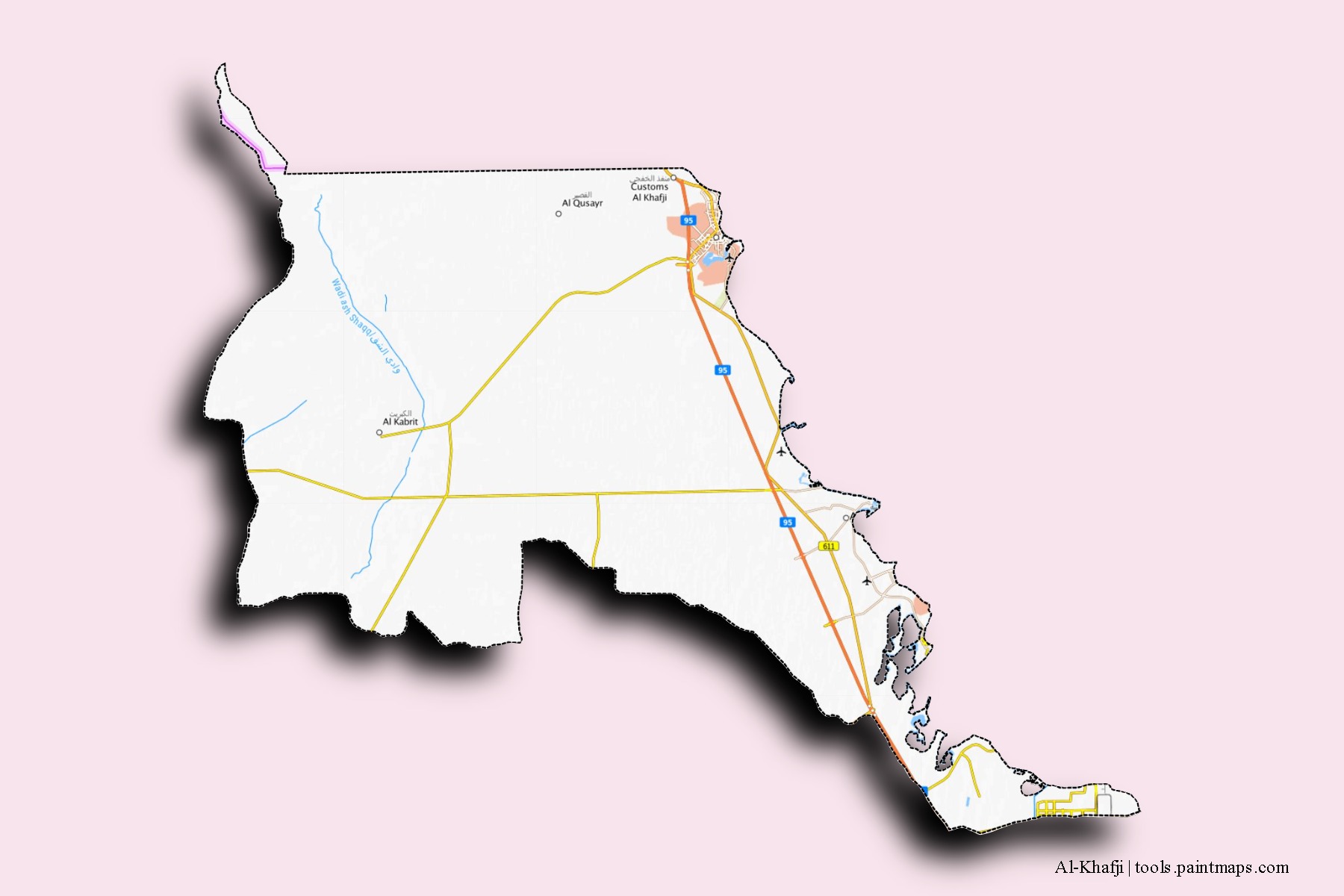 Al-Khafji neighborhoods and villages map with 3D shadow effect