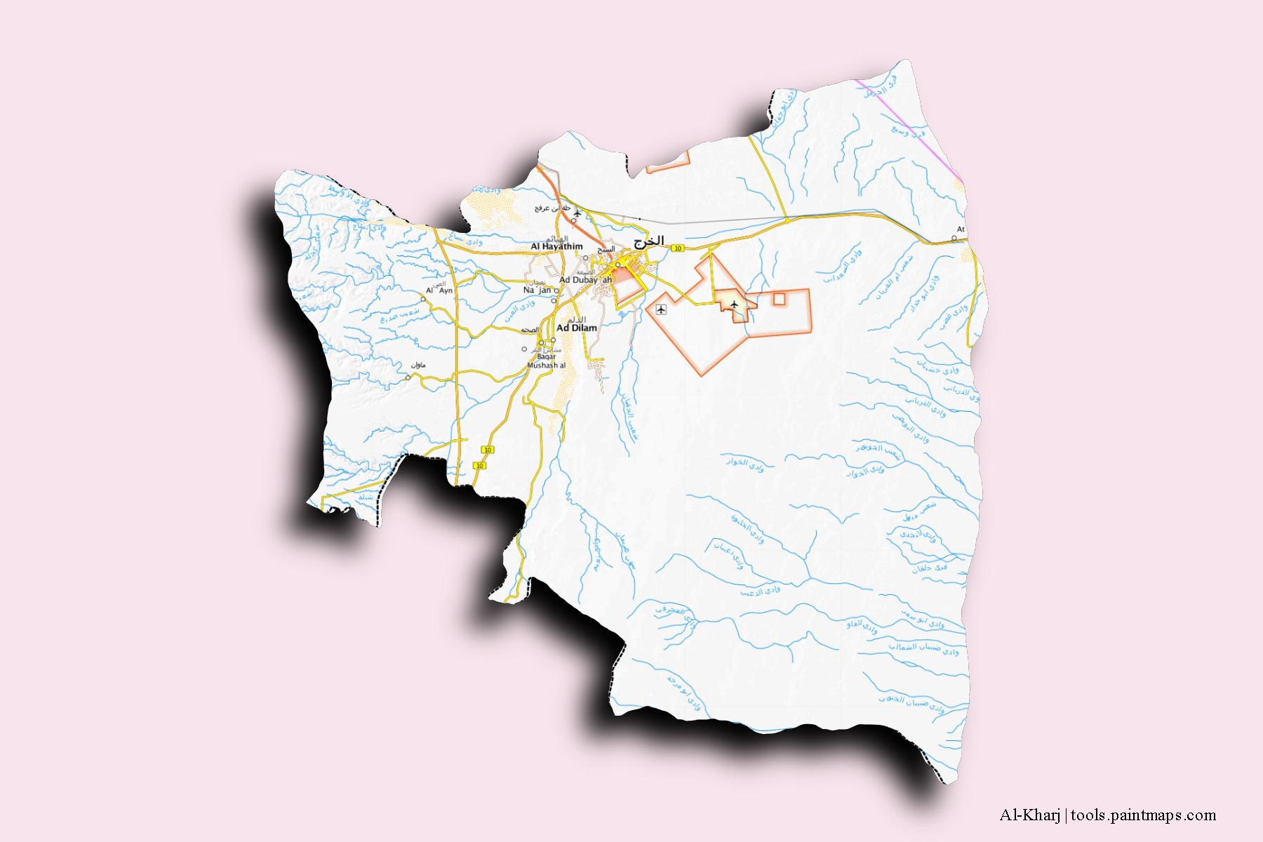 Mapa de barrios y pueblos de Al-Kharj con efecto de sombra 3D