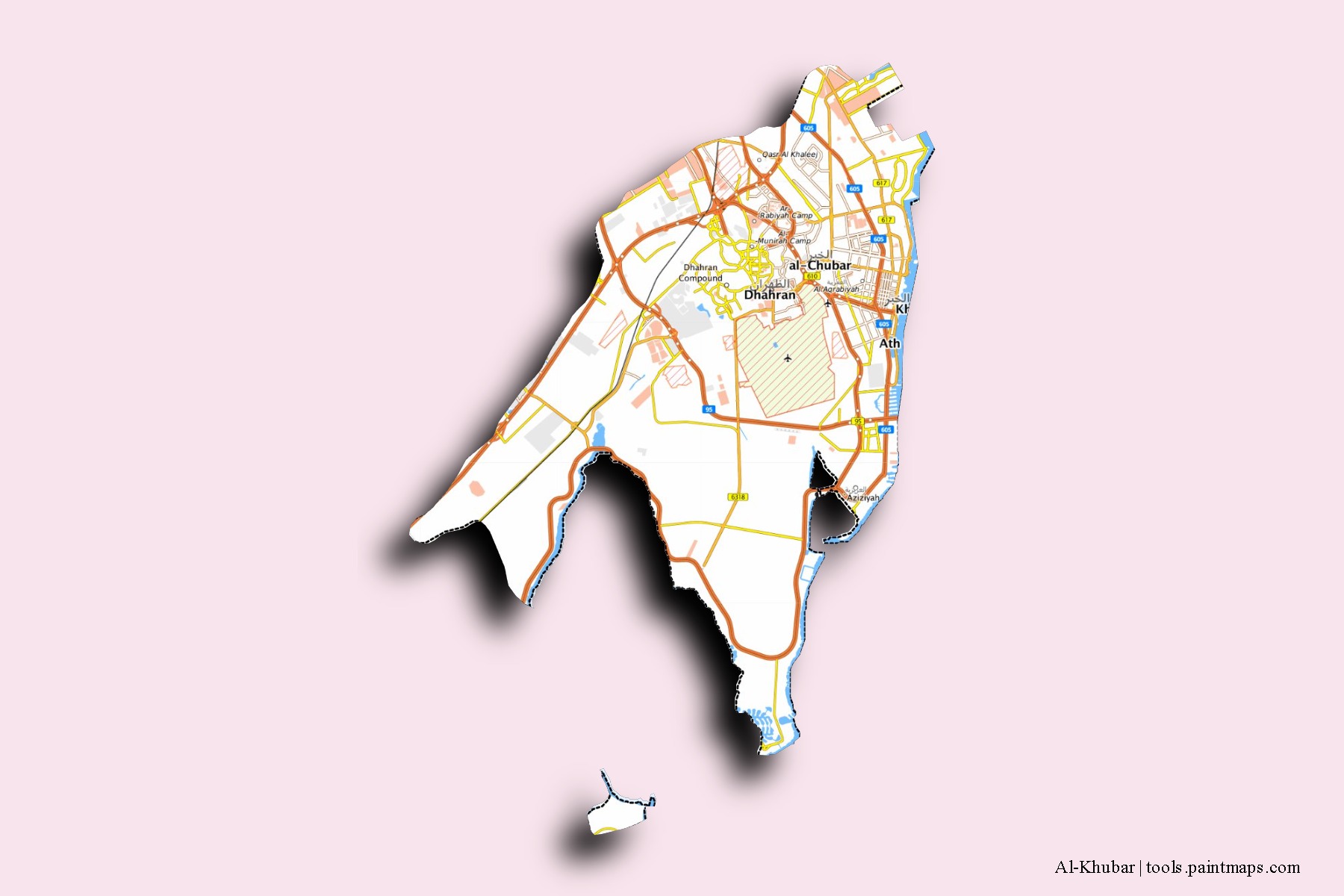 Al-Khubar neighborhoods and villages map with 3D shadow effect