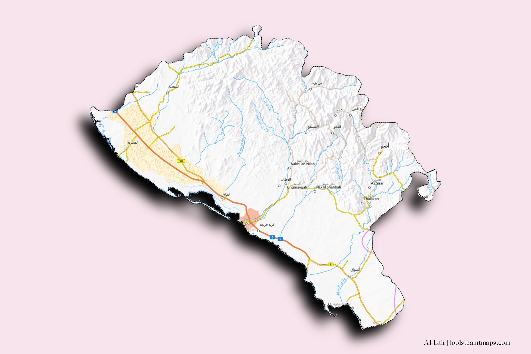 3D gölge efektli Al-Lith mahalleleri ve köyleri haritası