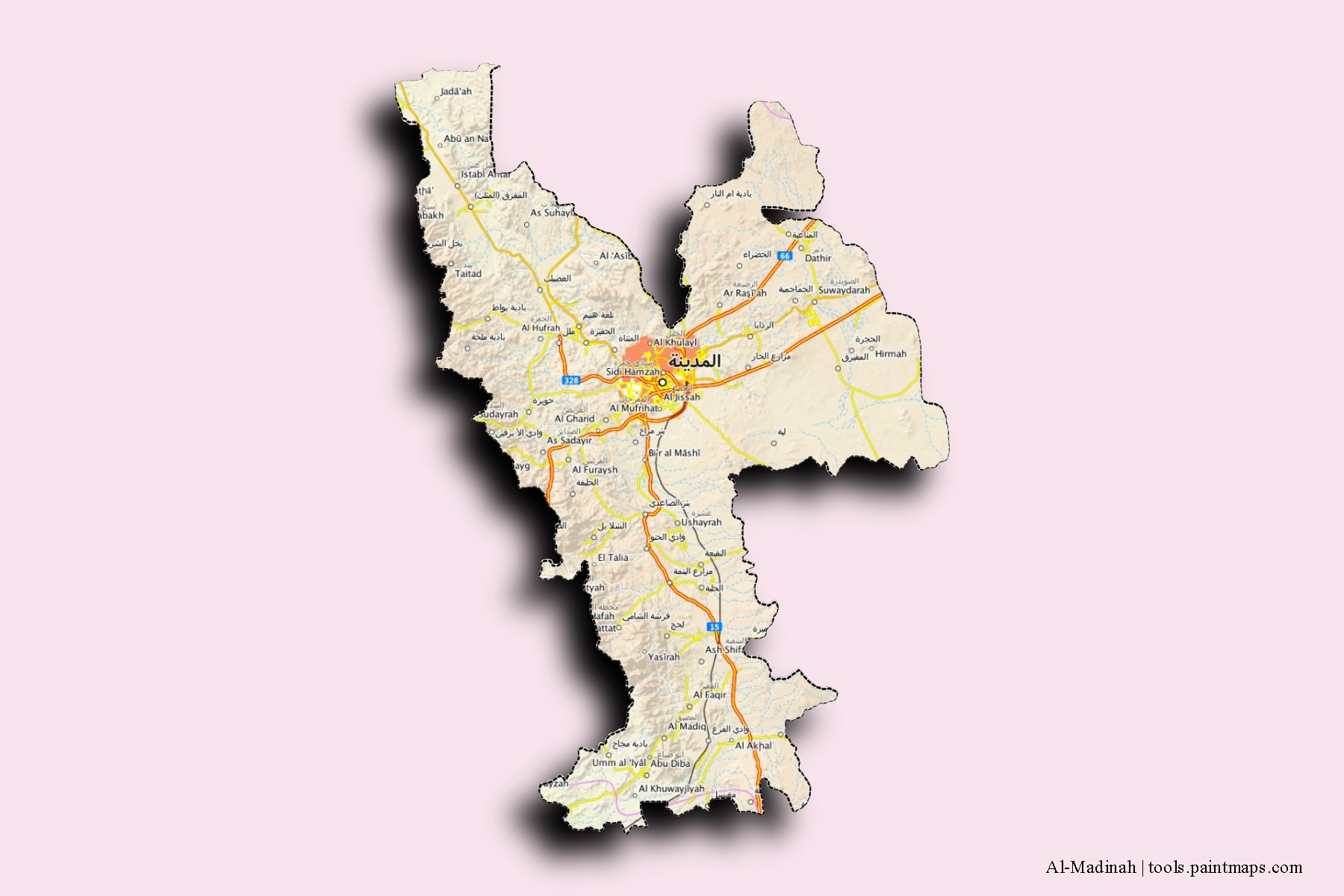 Mapa de barrios y pueblos de Al-Madinah con efecto de sombra 3D