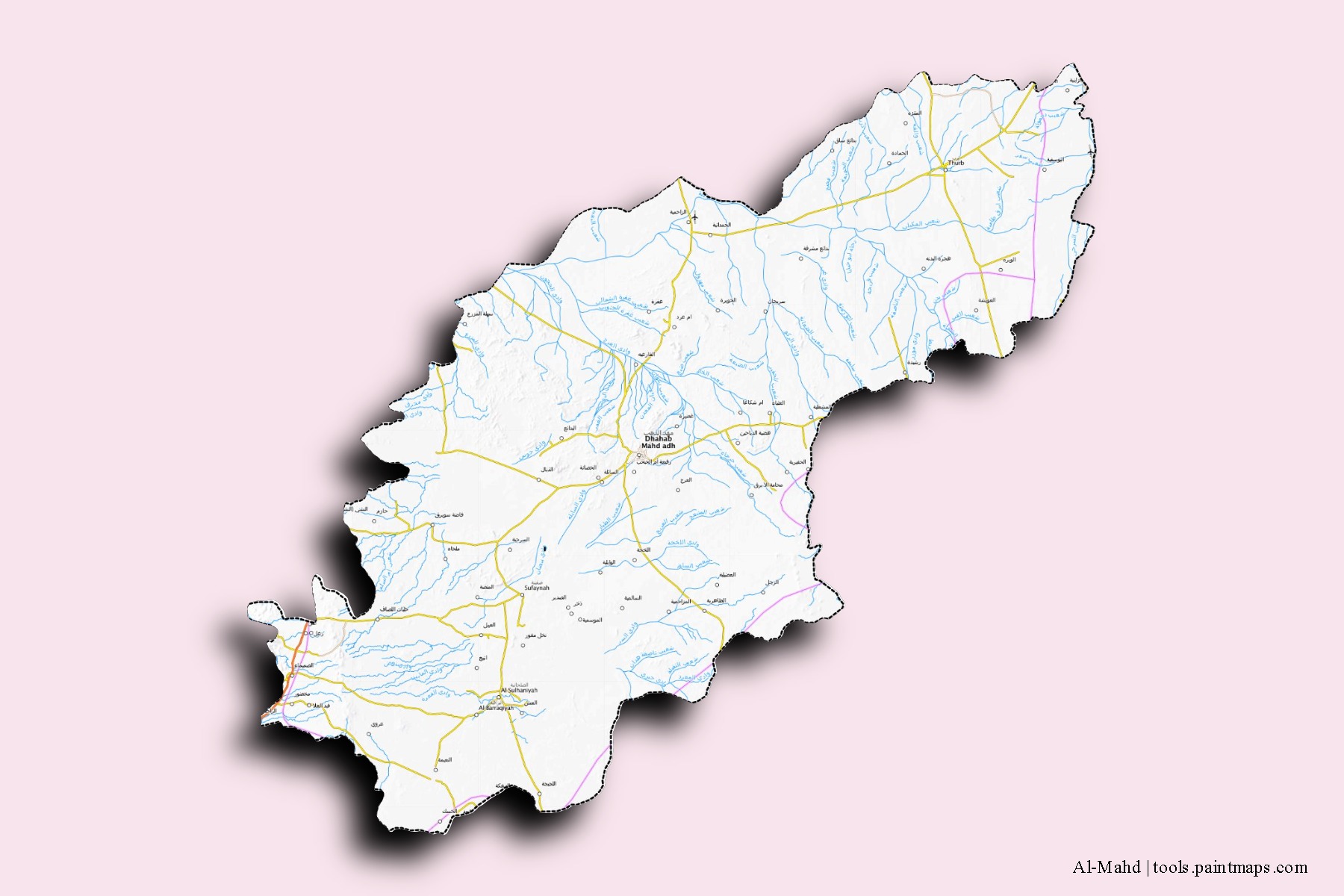 Mapa de barrios y pueblos de Al-Mahd con efecto de sombra 3D