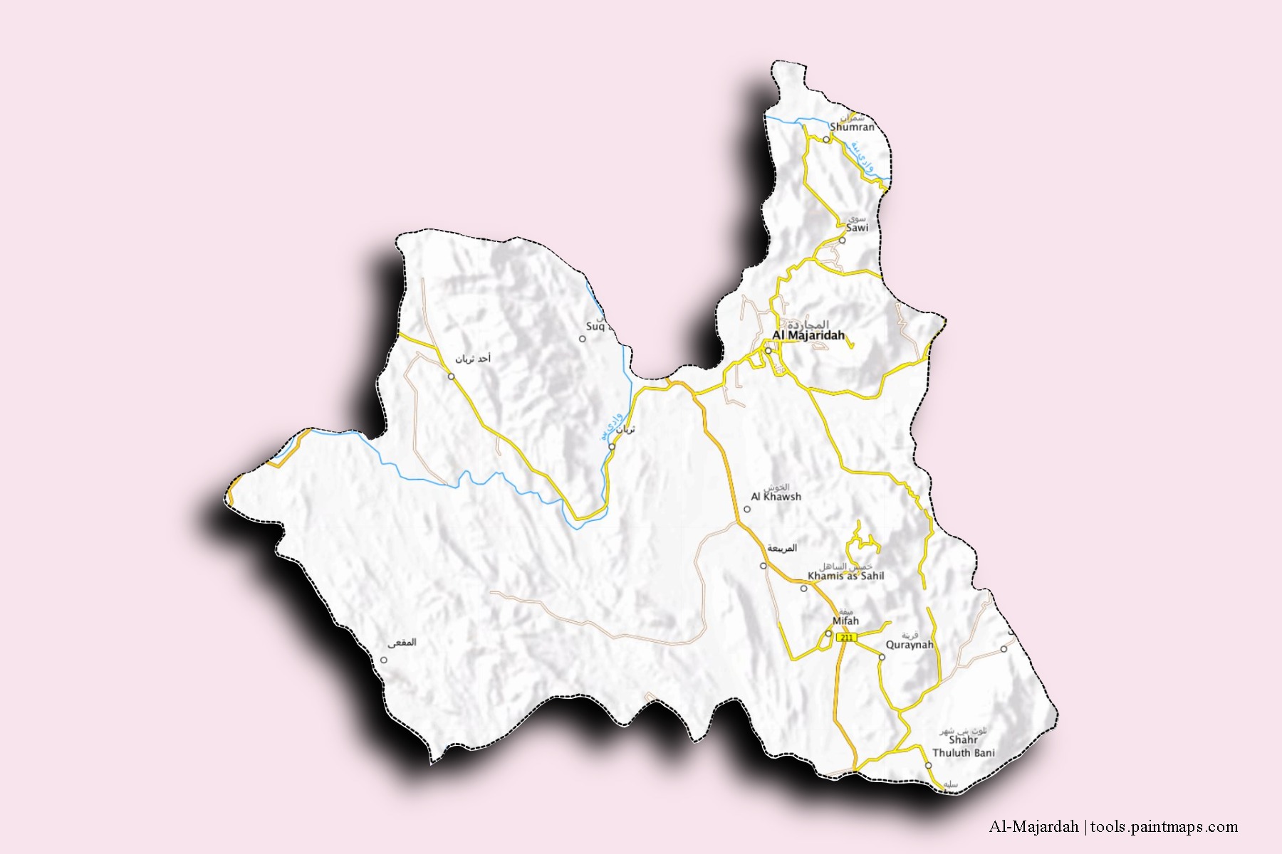 Mapa de barrios y pueblos de Al-Majardah con efecto de sombra 3D