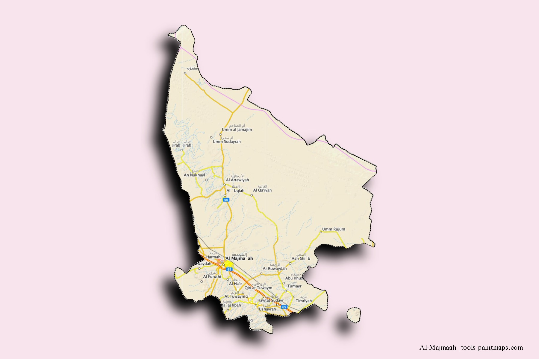 Mapa de barrios y pueblos de Al-Majmaah con efecto de sombra 3D