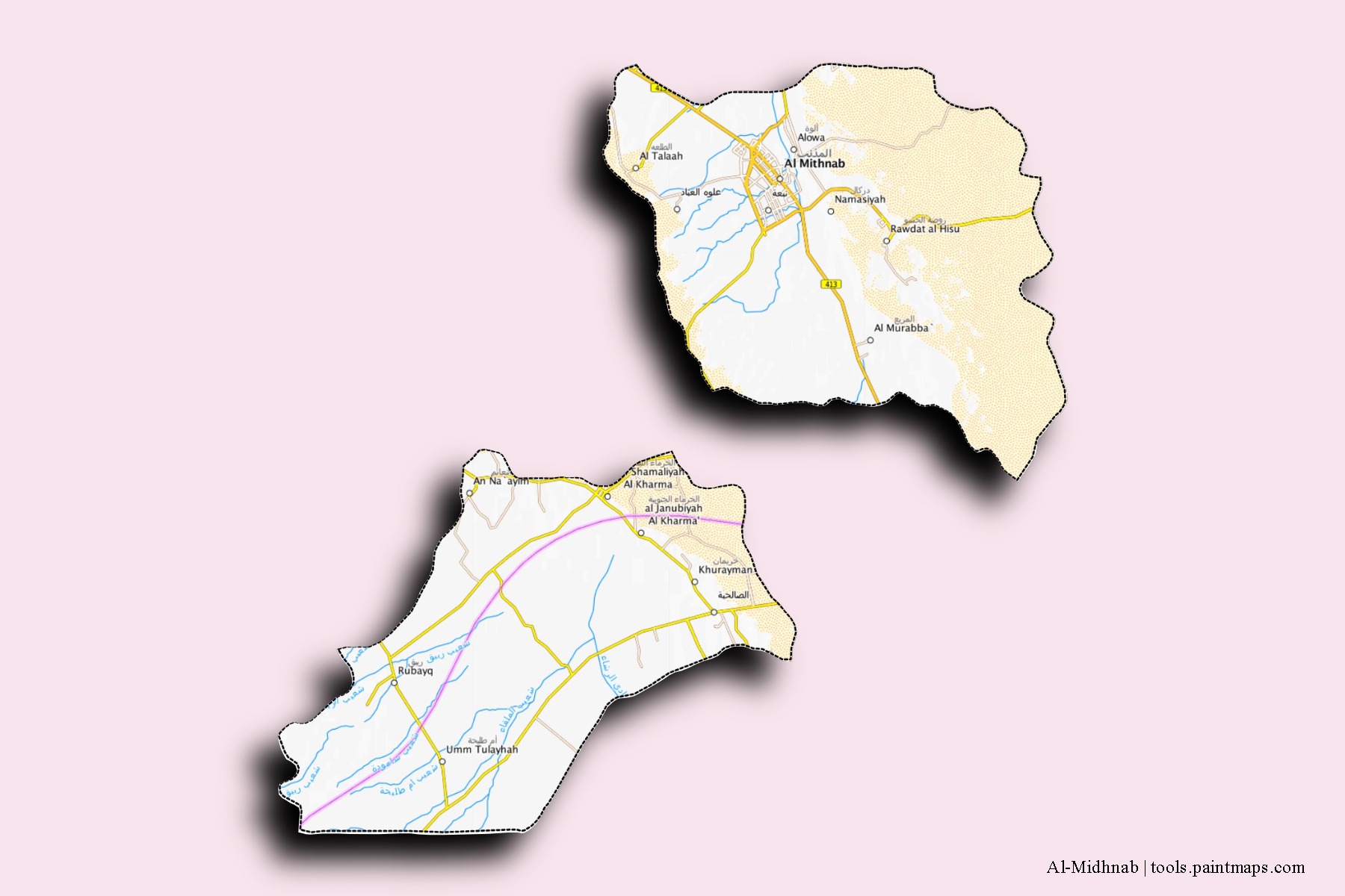 Al-Midhnab neighborhoods and villages map with 3D shadow effect