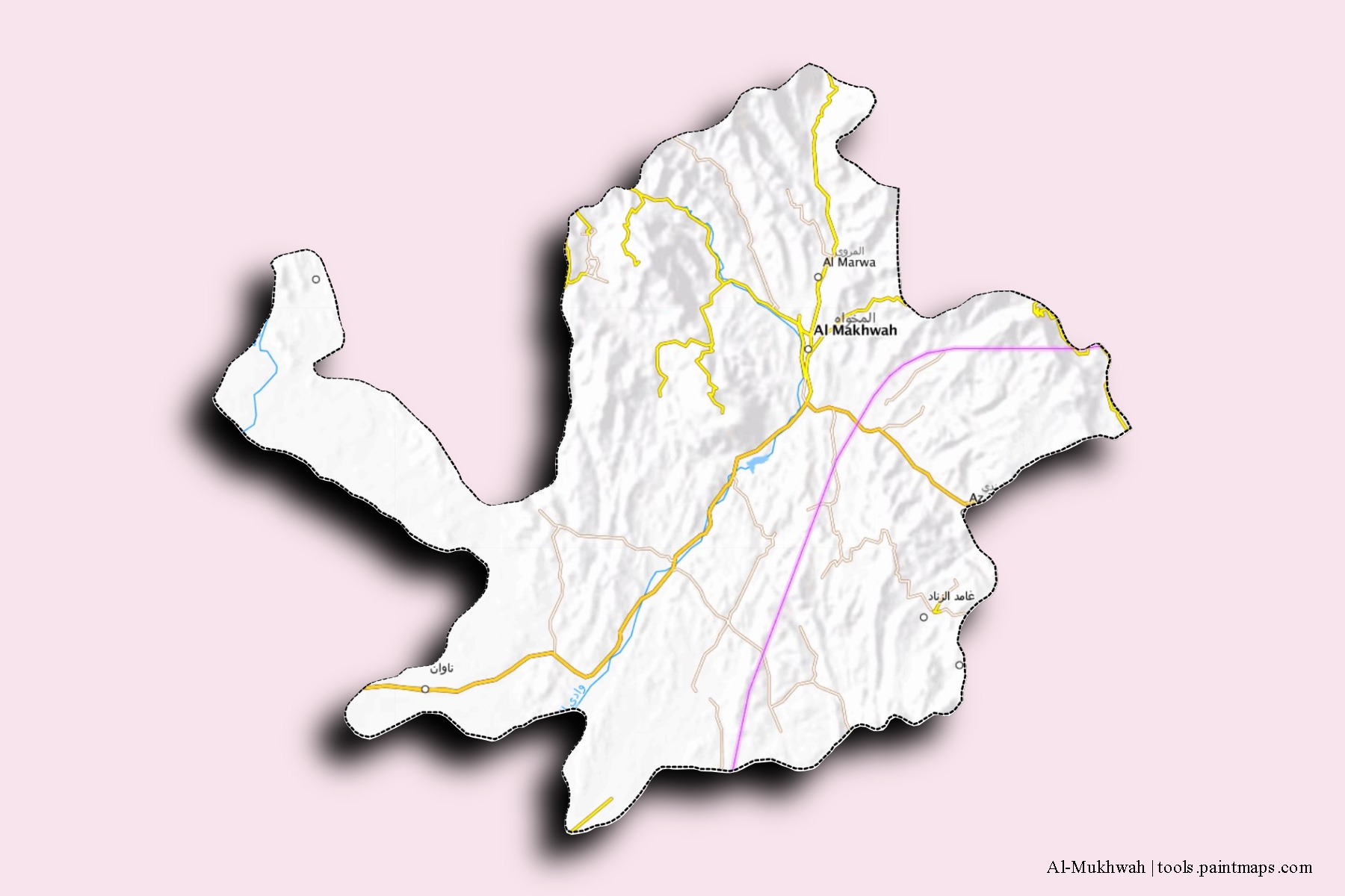 Mapa de barrios y pueblos de Al-Mukhwah con efecto de sombra 3D