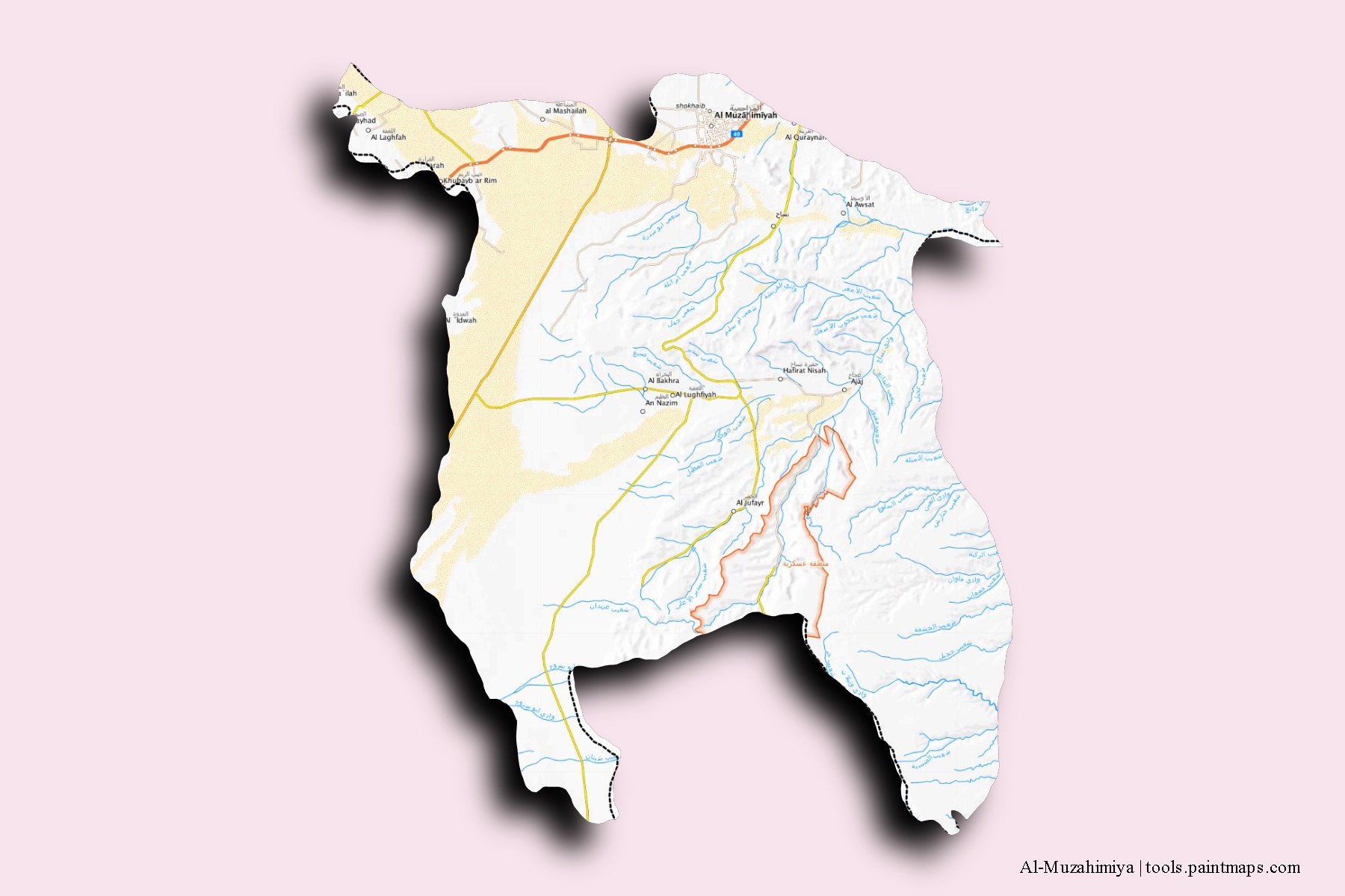 Mapa de barrios y pueblos de Al-Muzahimiya con efecto de sombra 3D