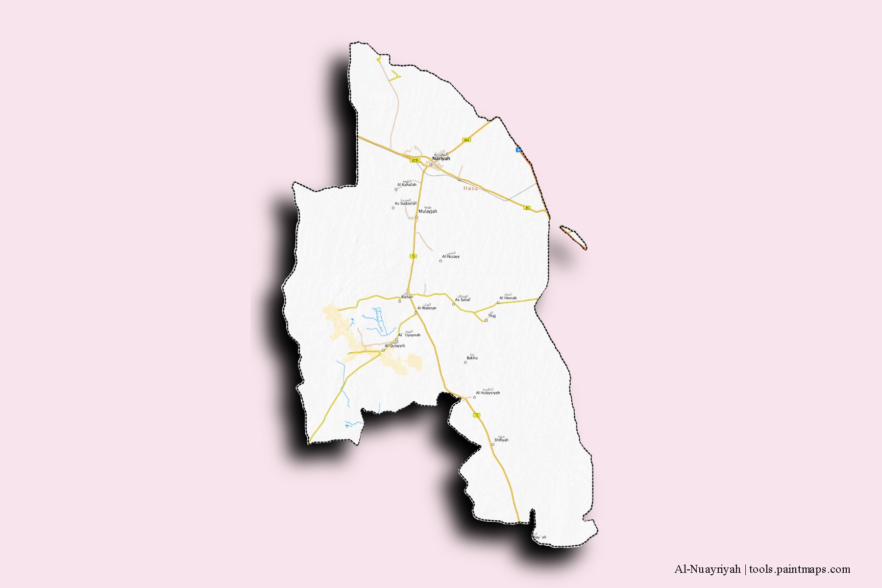 Mapa de barrios y pueblos de Al-Nuayriyah con efecto de sombra 3D