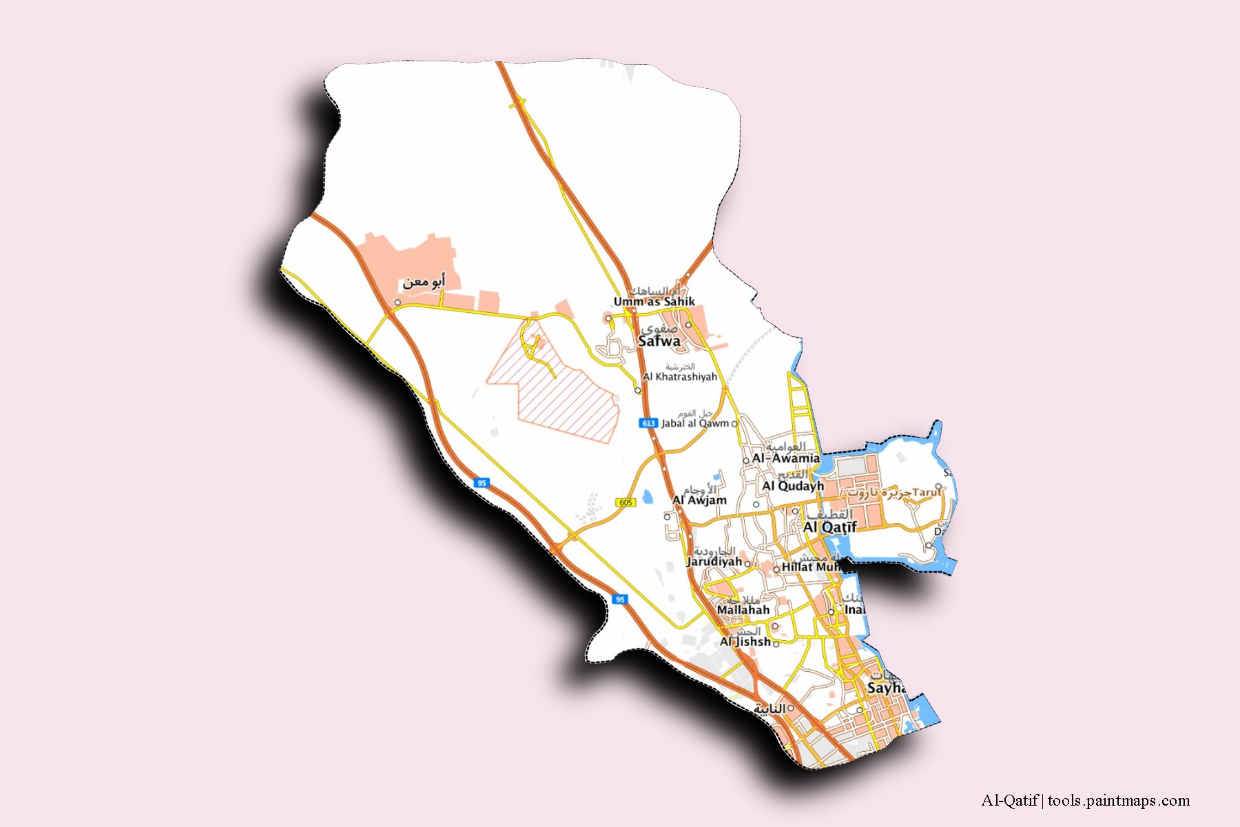 Al-Qatif neighborhoods and villages map with 3D shadow effect