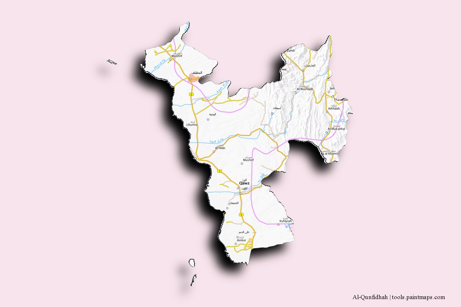 Mapa de barrios y pueblos de Al-Qunfidhah con efecto de sombra 3D