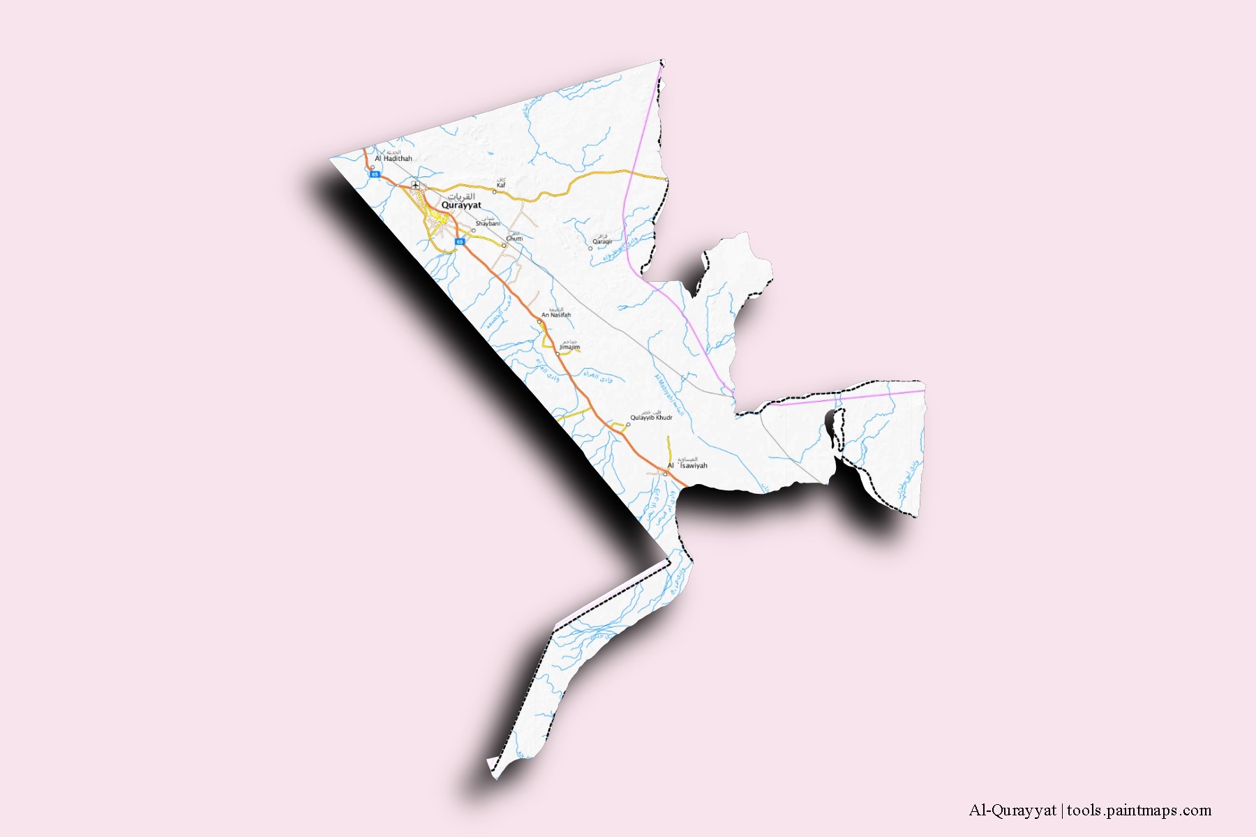 Mapa de barrios y pueblos de Al-Qurayyat con efecto de sombra 3D