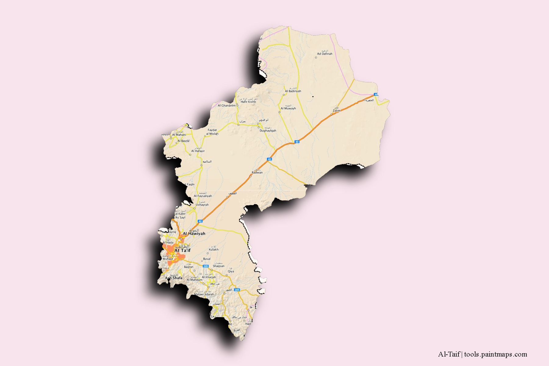 3D gölge efektli Al-Taif mahalleleri ve köyleri haritası