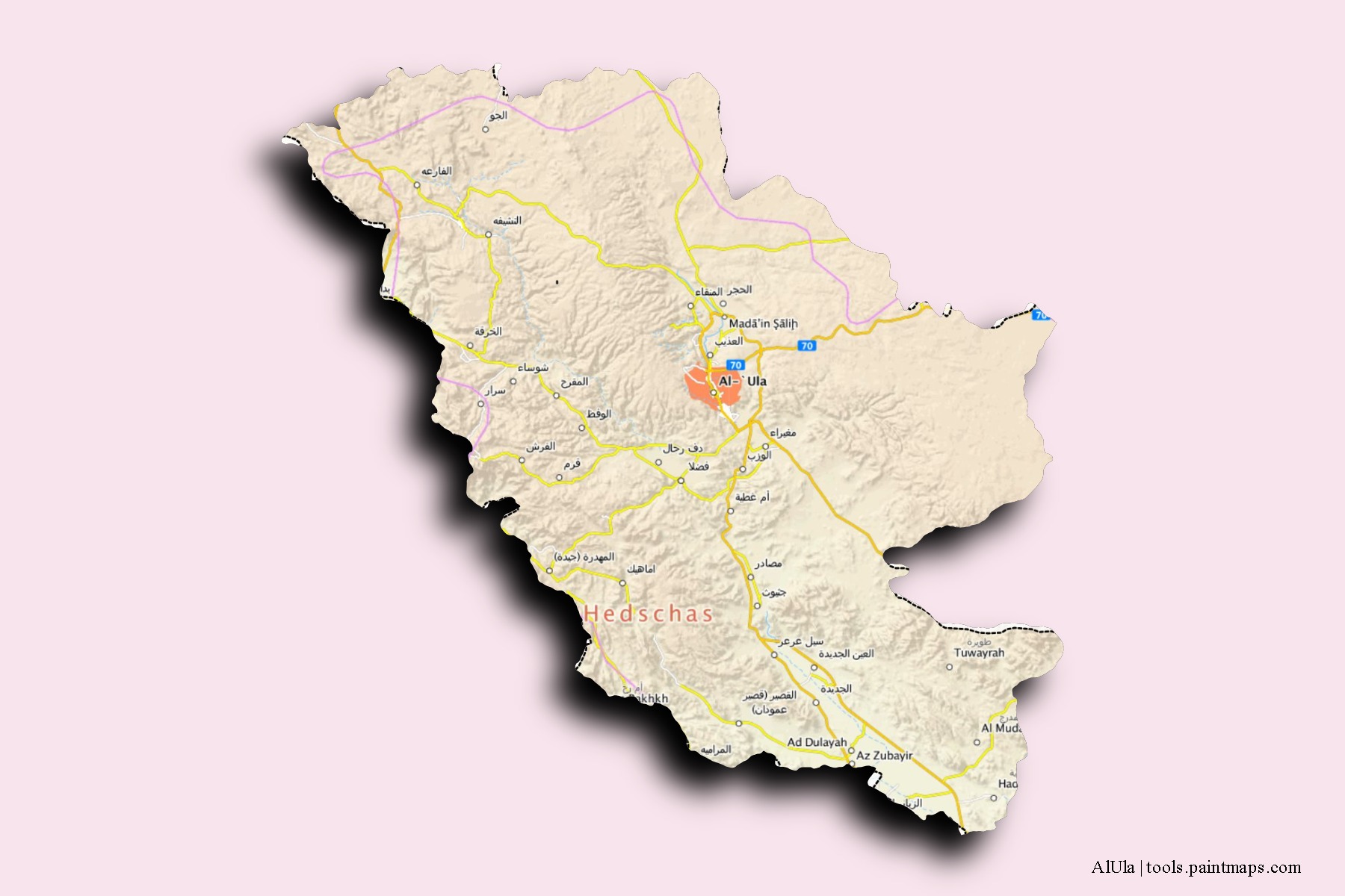 Mapa de barrios y pueblos de AlUla con efecto de sombra 3D