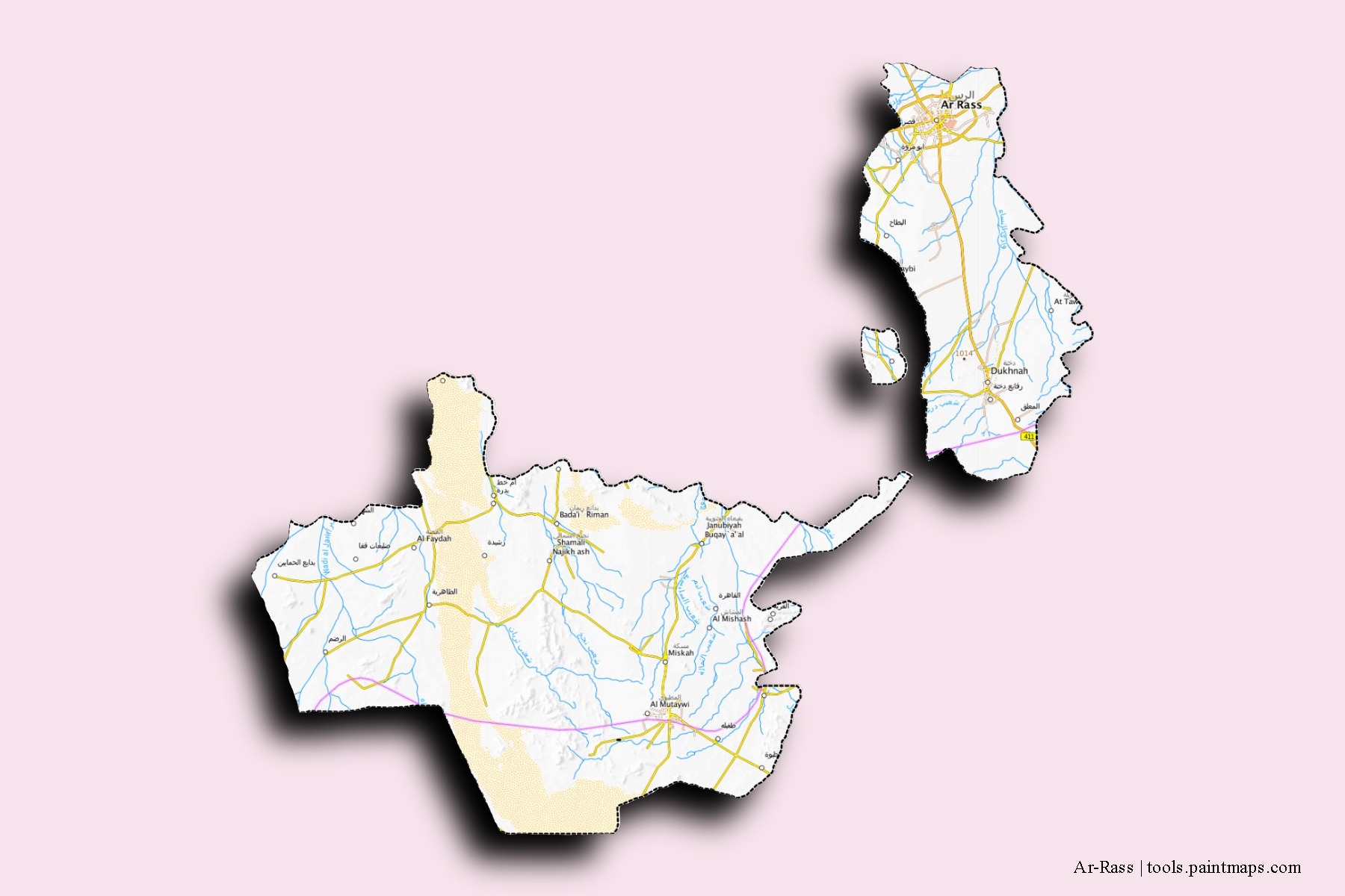 Mapa de barrios y pueblos de Ar-Rass con efecto de sombra 3D