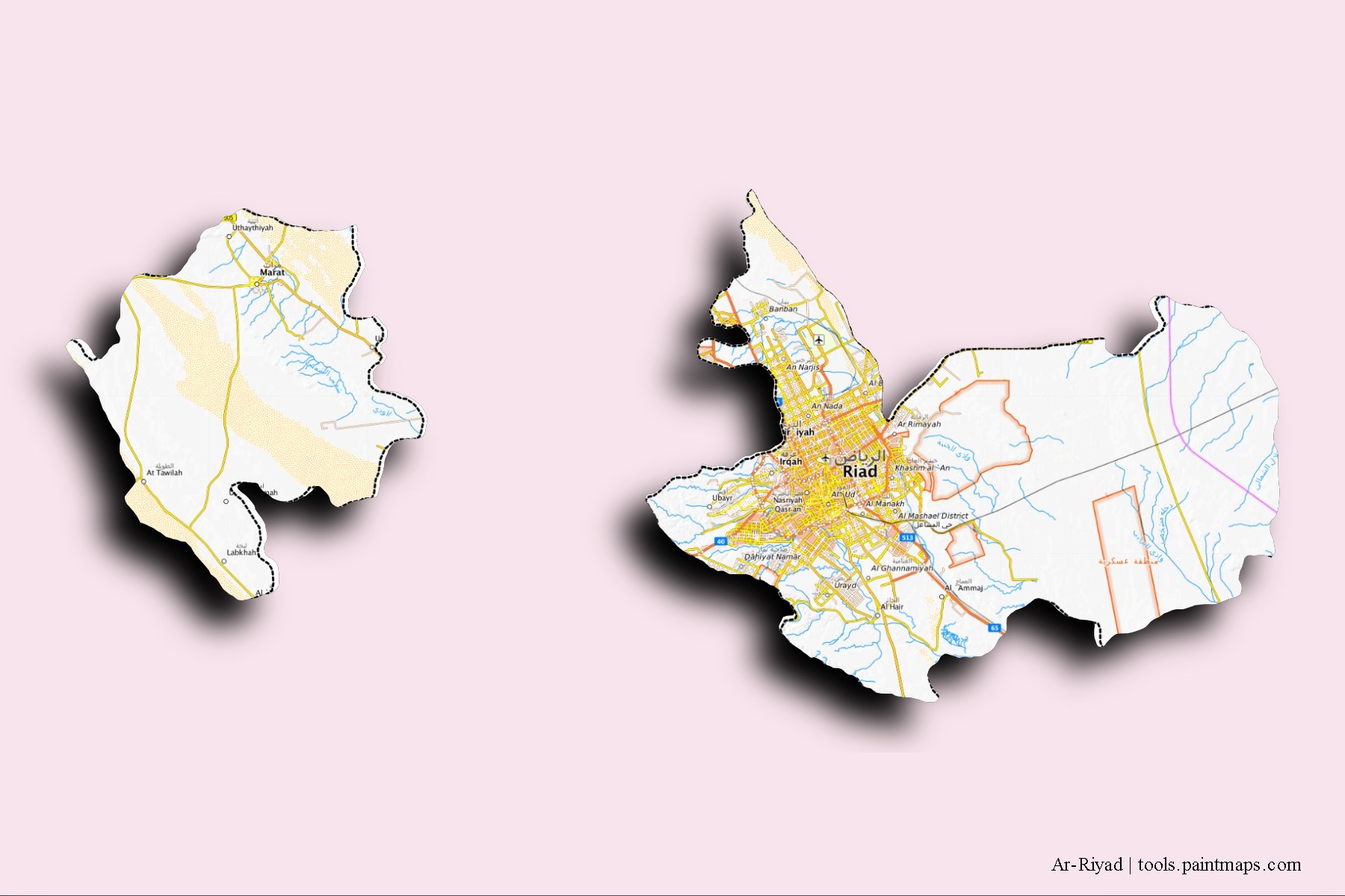 Mapa de barrios y pueblos de Ar-Riyad con efecto de sombra 3D