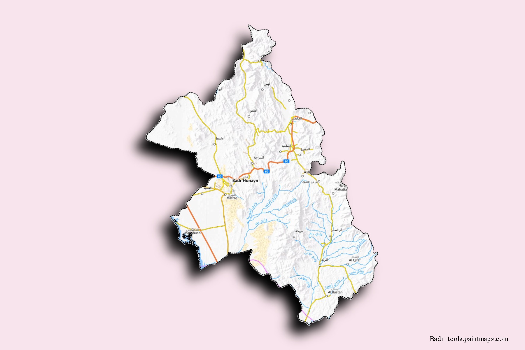 Mapa de barrios y pueblos de Badr con efecto de sombra 3D