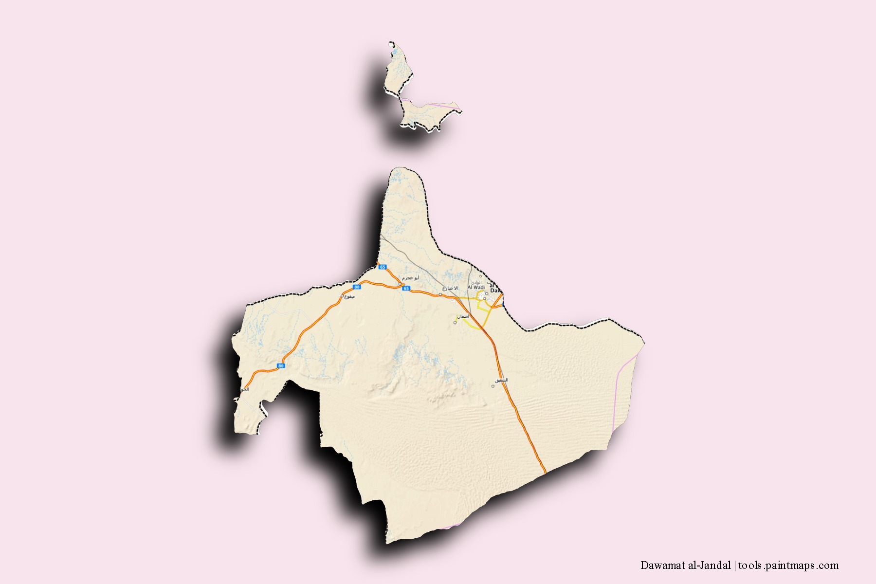 Mapa de barrios y pueblos de Dawamat al-Jandal con efecto de sombra 3D