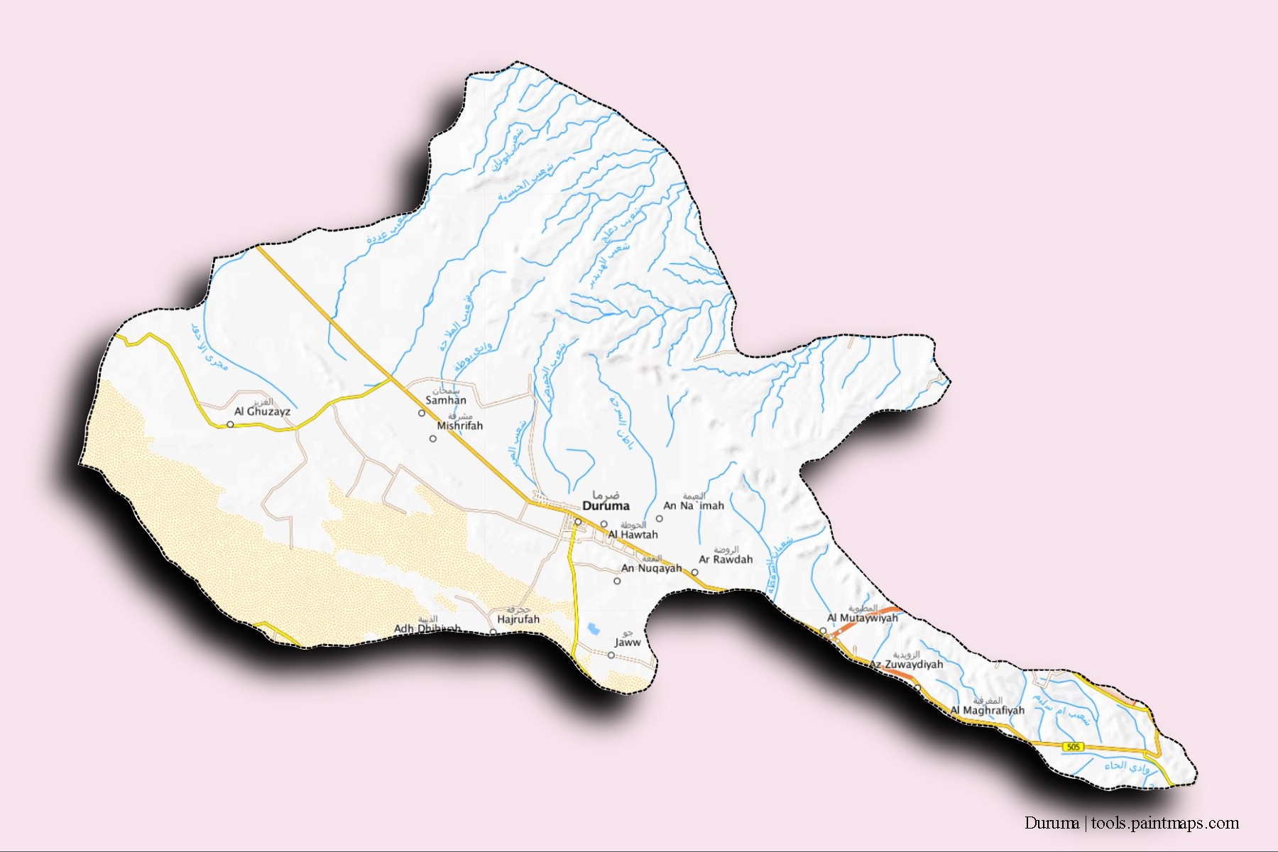 Mapa de barrios y pueblos de Duruma con efecto de sombra 3D