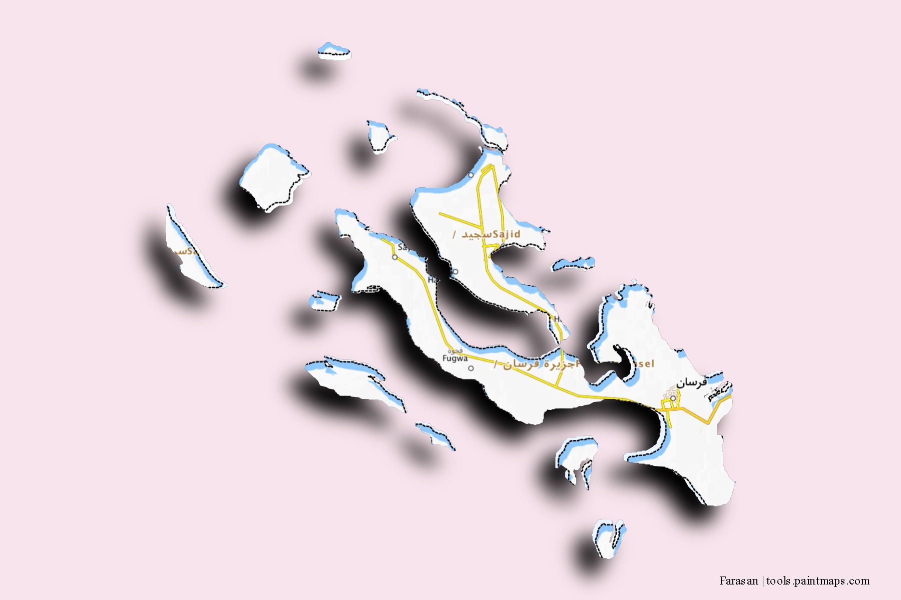 Mapa de barrios y pueblos de Farasan con efecto de sombra 3D