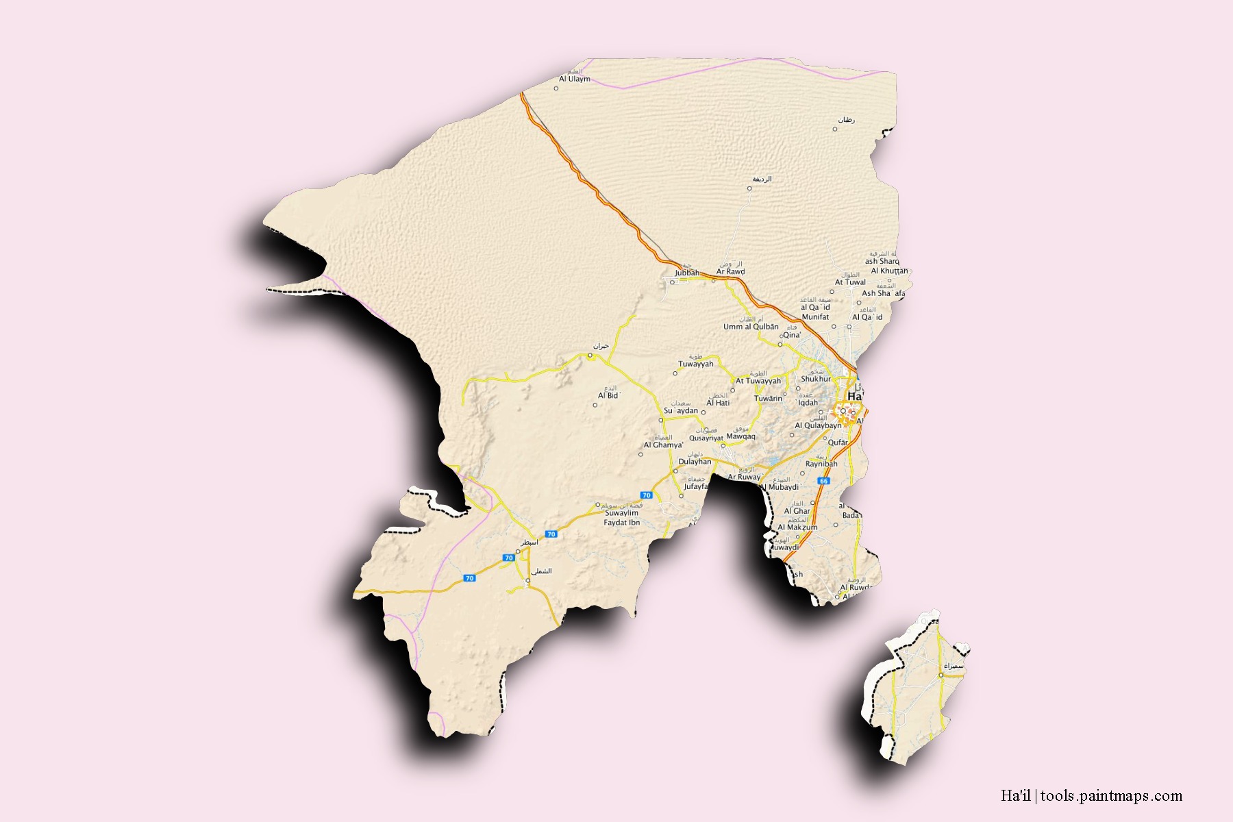 Mapa de barrios y pueblos de Ha'il con efecto de sombra 3D