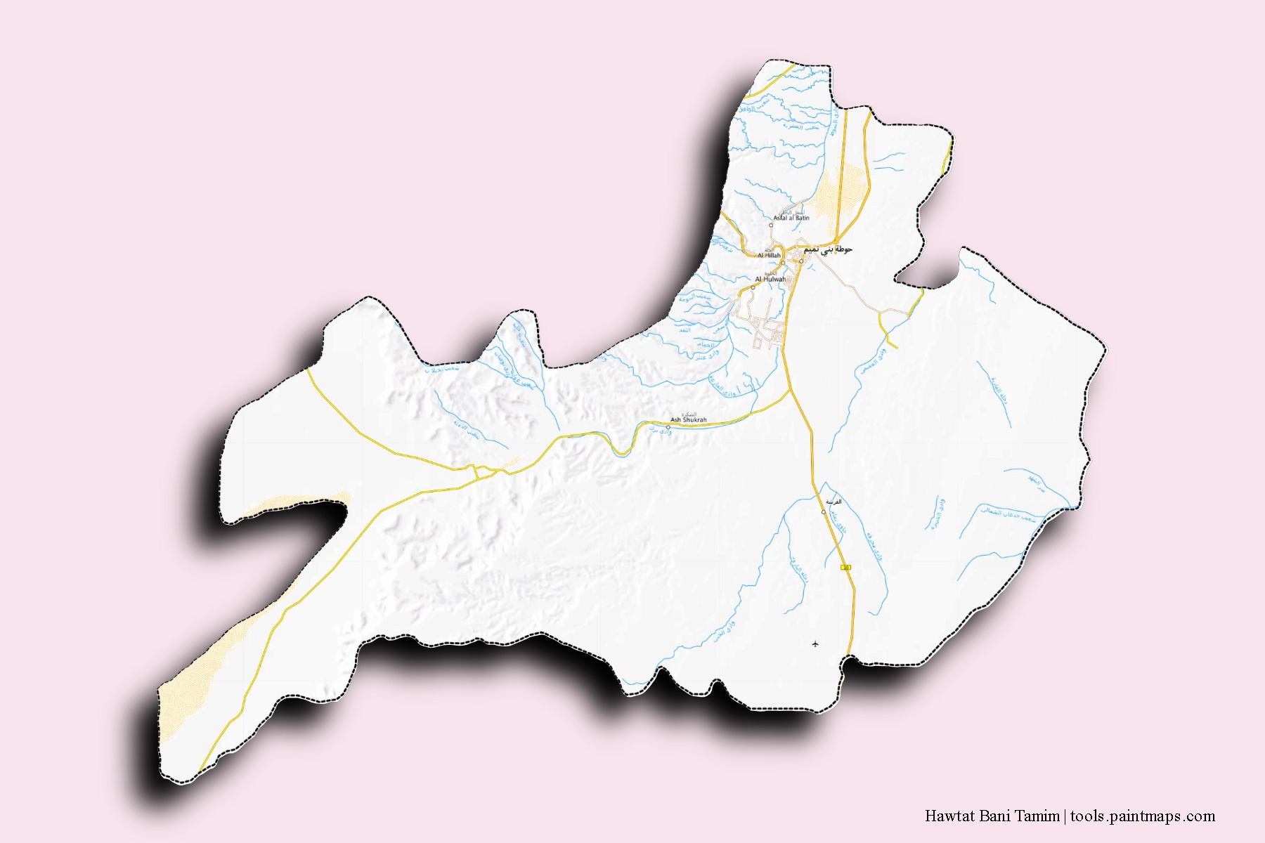 Mapa de barrios y pueblos de Hawtat Bani Tamim con efecto de sombra 3D