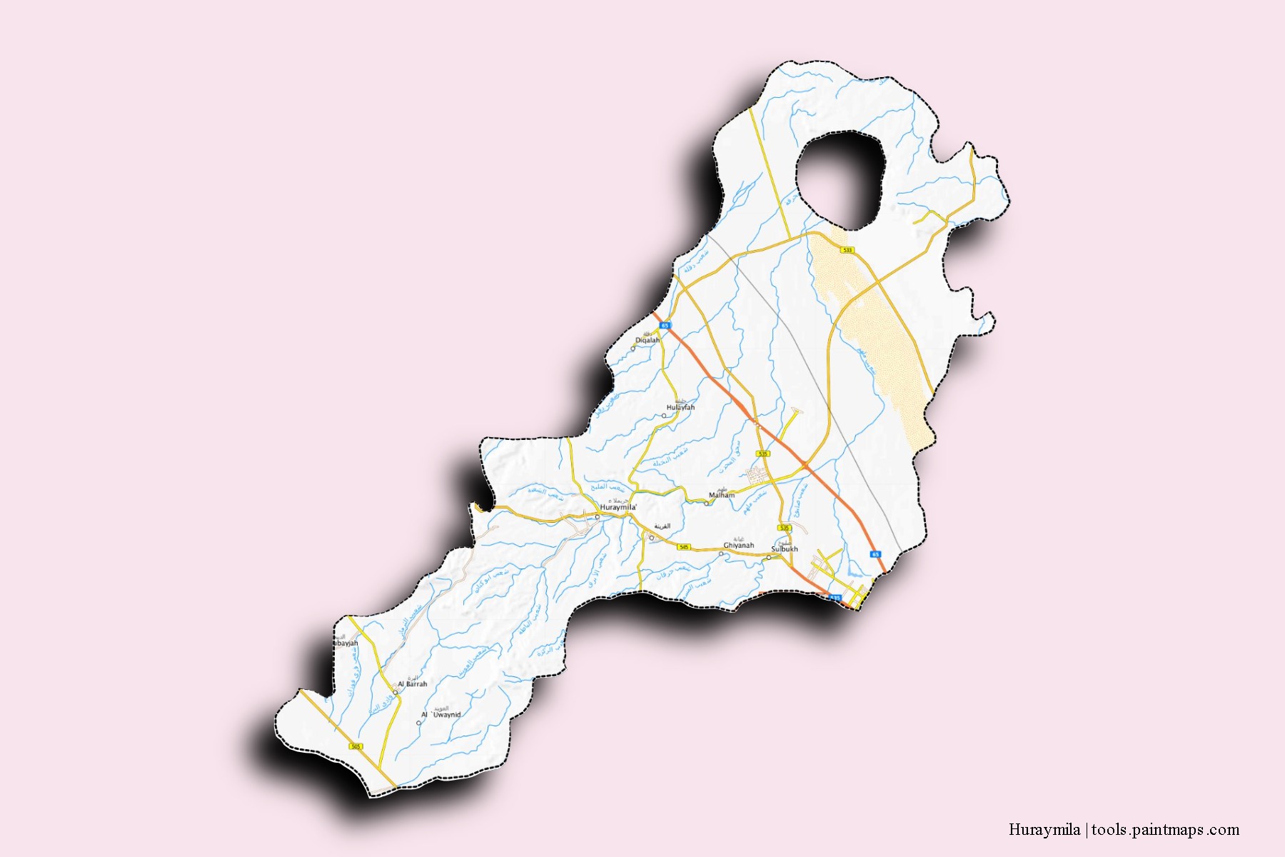 Huraymila neighborhoods and villages map with 3D shadow effect