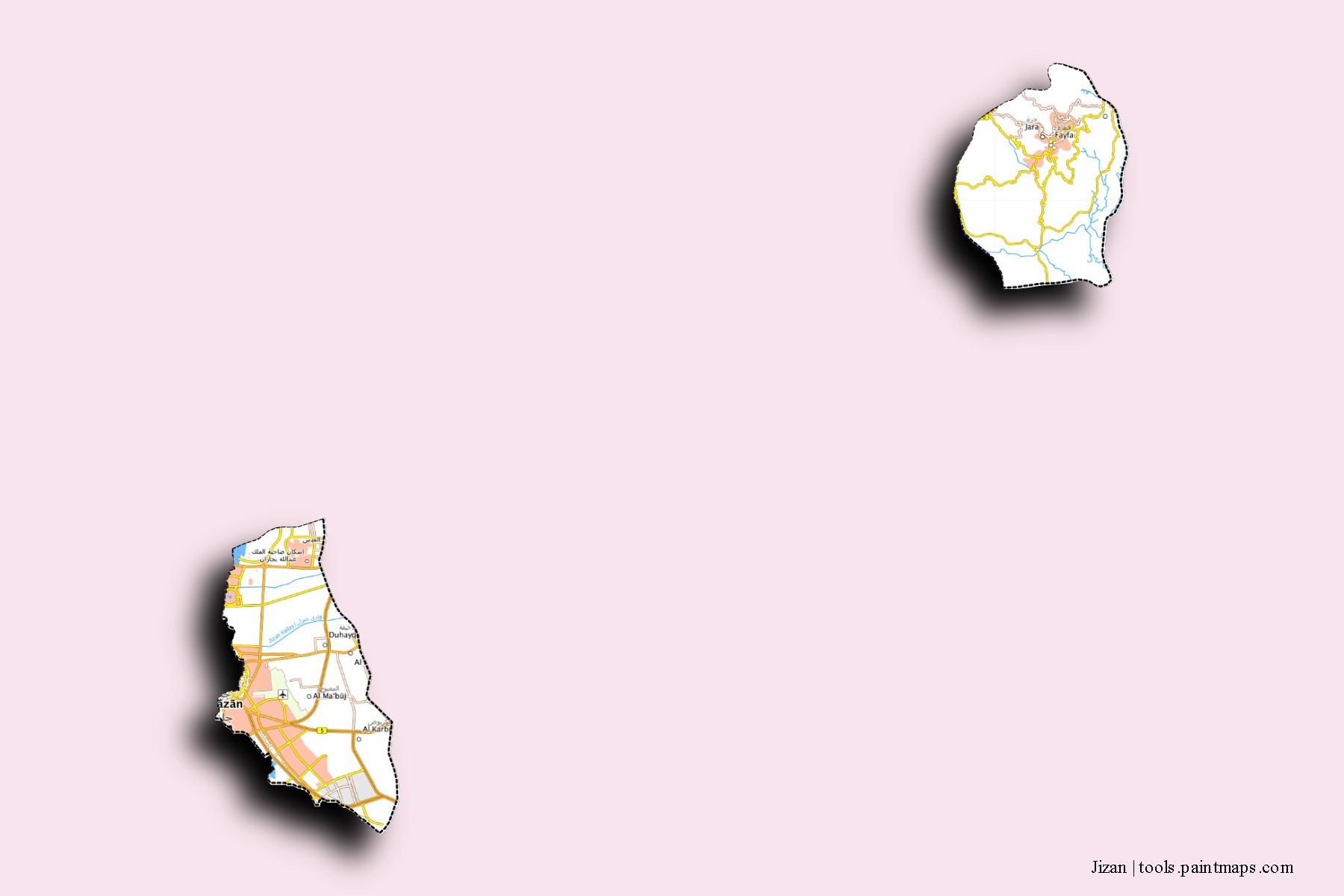 3D gölge efektli Jizan mahalleleri ve köyleri haritası