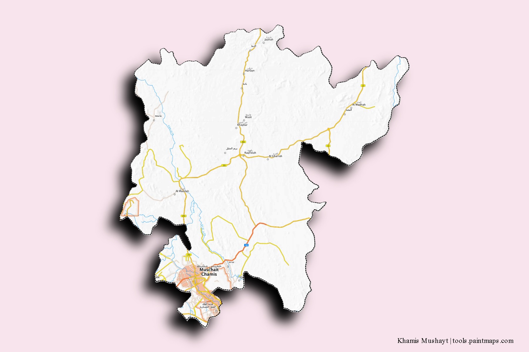 Mapa de barrios y pueblos de Khamis Mushayt con efecto de sombra 3D