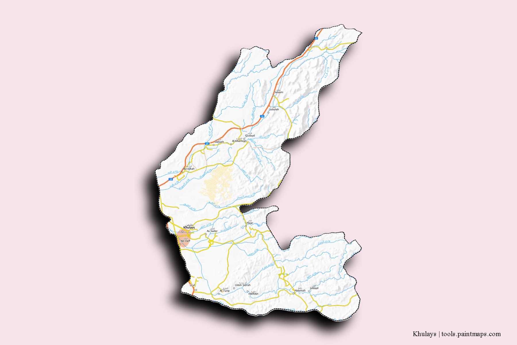 Mapa de barrios y pueblos de Khulays con efecto de sombra 3D