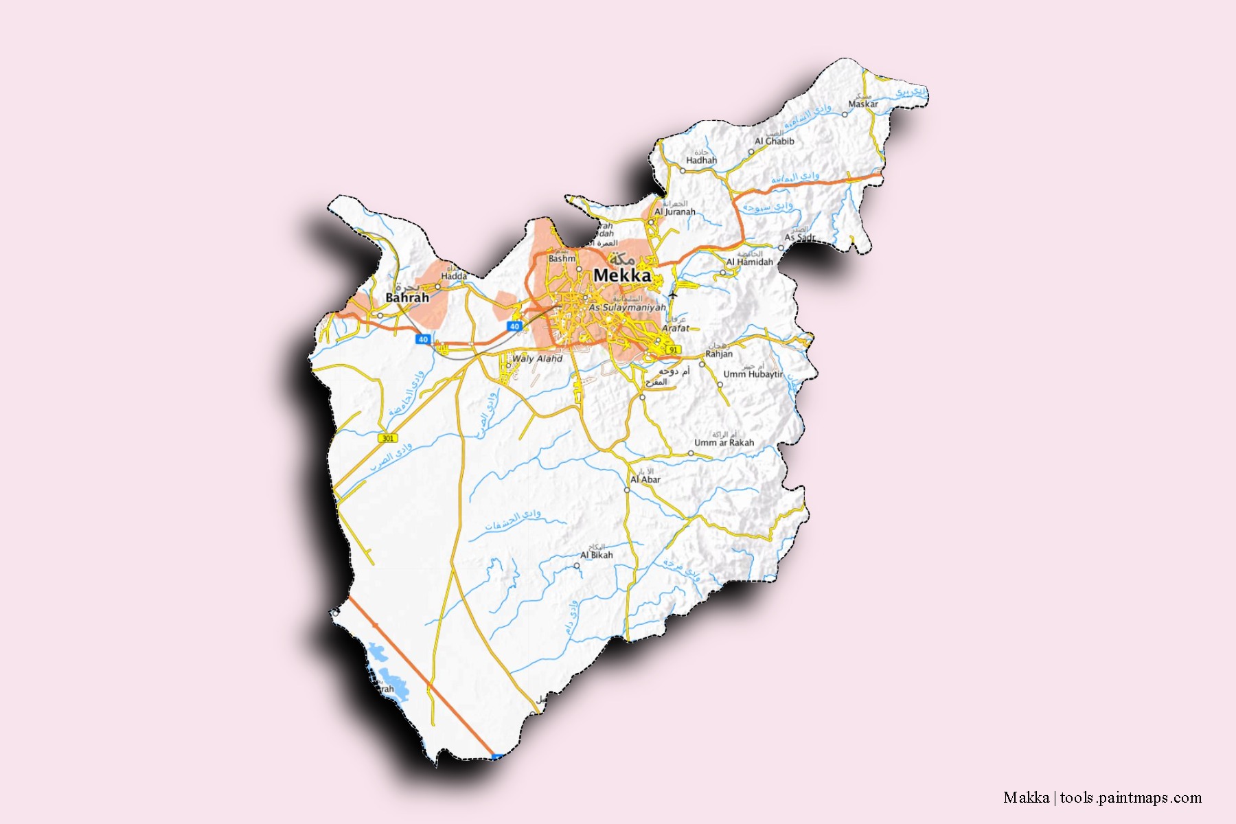 Mapa de barrios y pueblos de Makka con efecto de sombra 3D