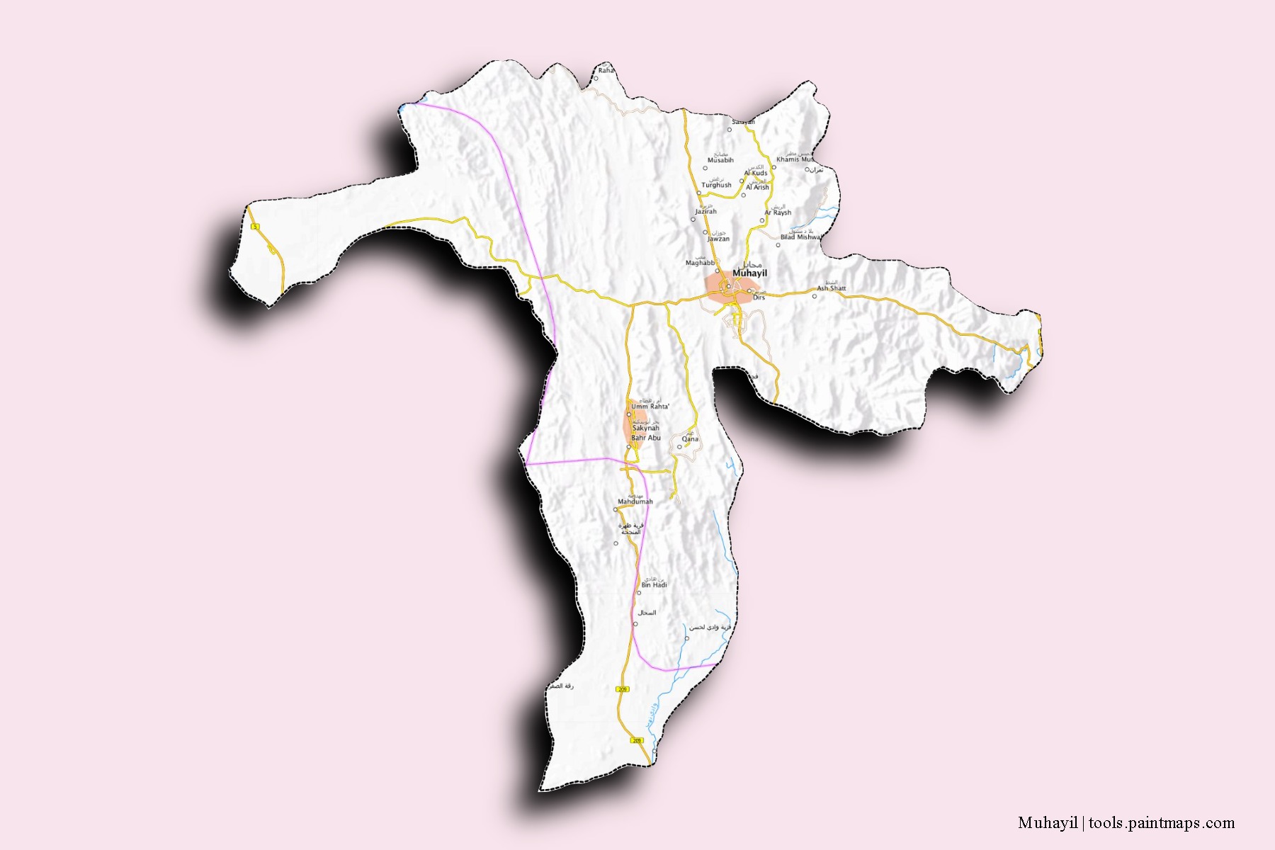 Mapa de barrios y pueblos de Muhayil con efecto de sombra 3D