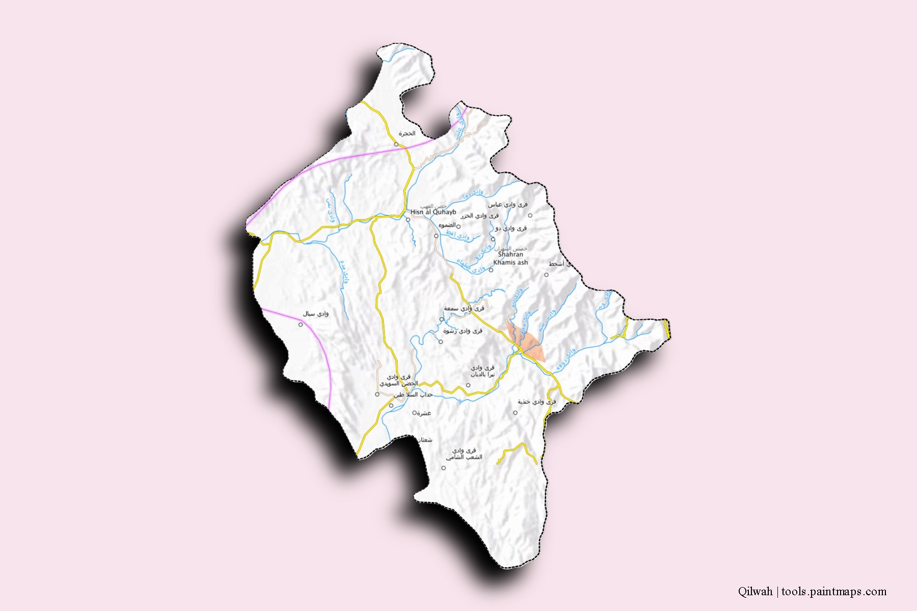 Mapa de barrios y pueblos de Qilwah con efecto de sombra 3D