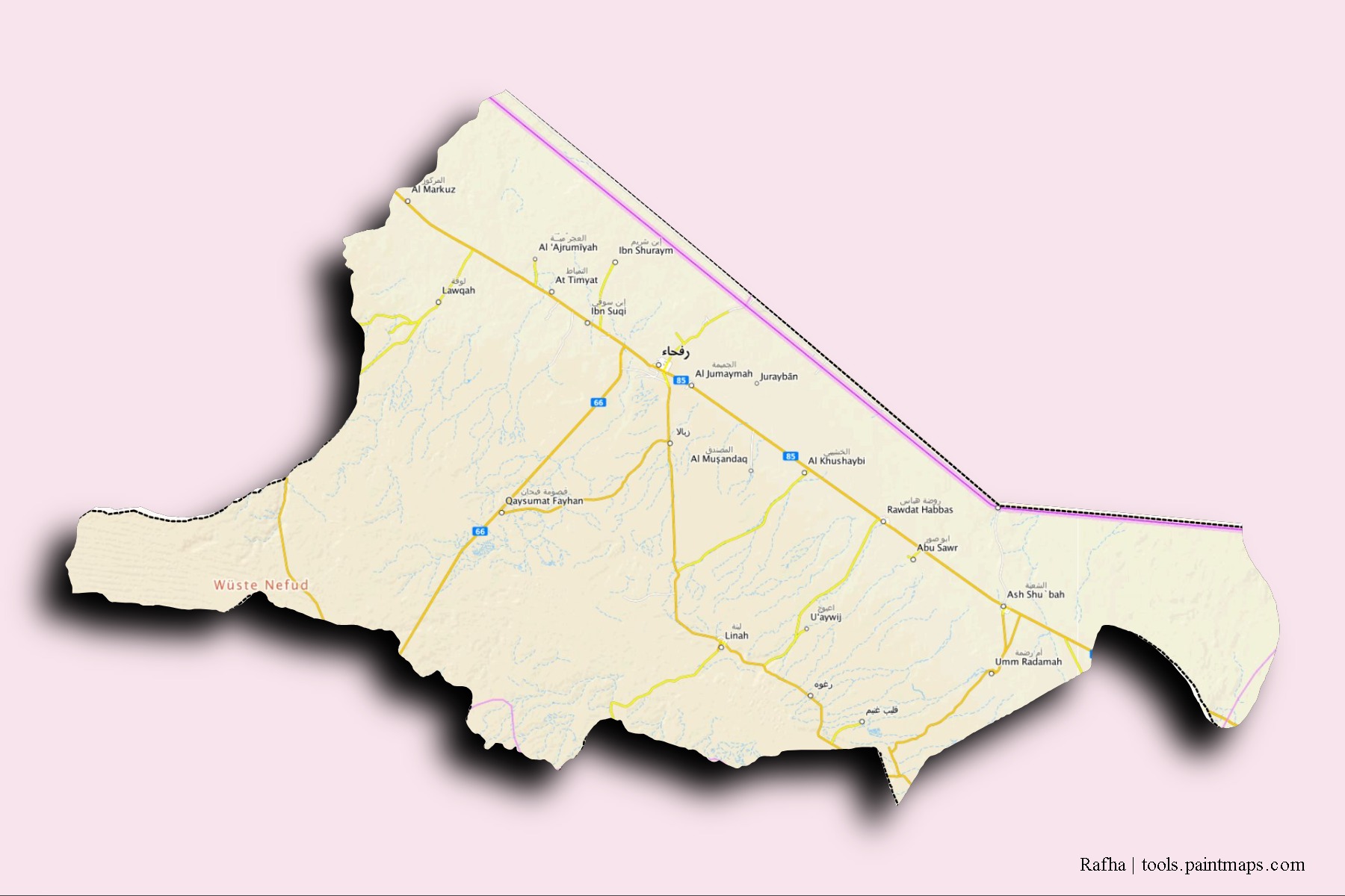 Mapa de barrios y pueblos de Rafha con efecto de sombra 3D