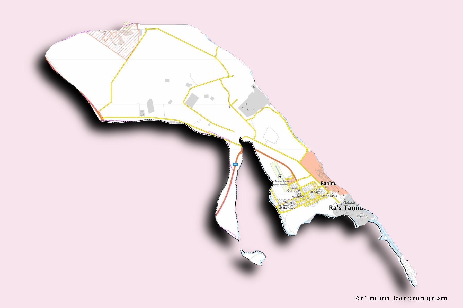 Ras Tannurah neighborhoods and villages map with 3D shadow effect