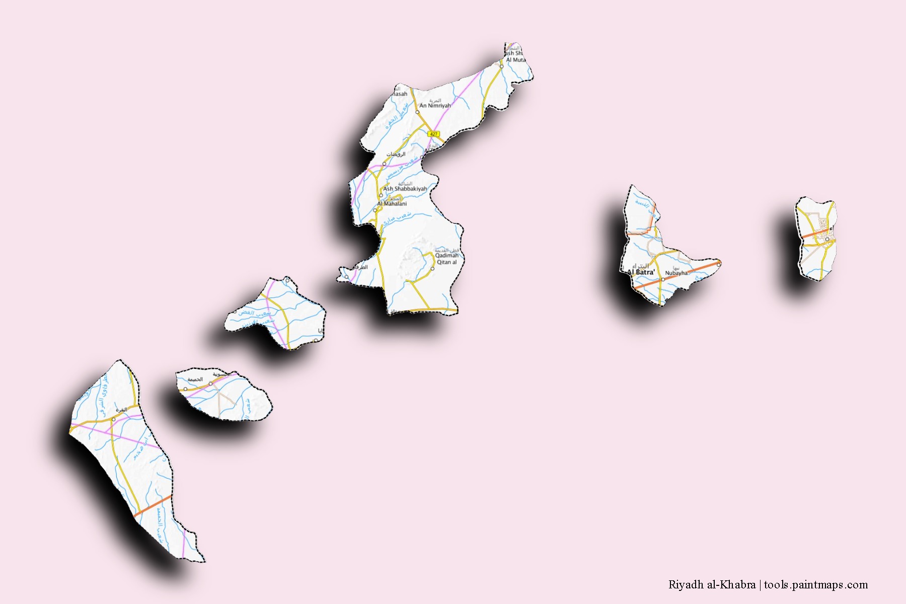 3D gölge efektli Riyadh al-Khabra mahalleleri ve köyleri haritası