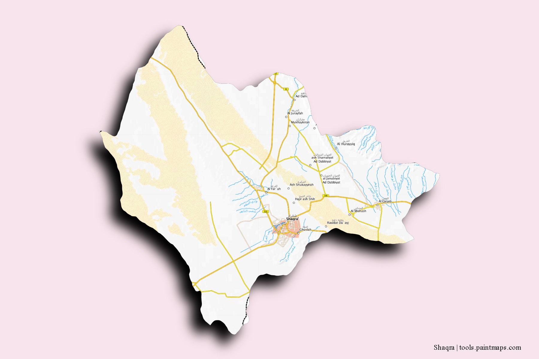 Shaqra neighborhoods and villages map with 3D shadow effect