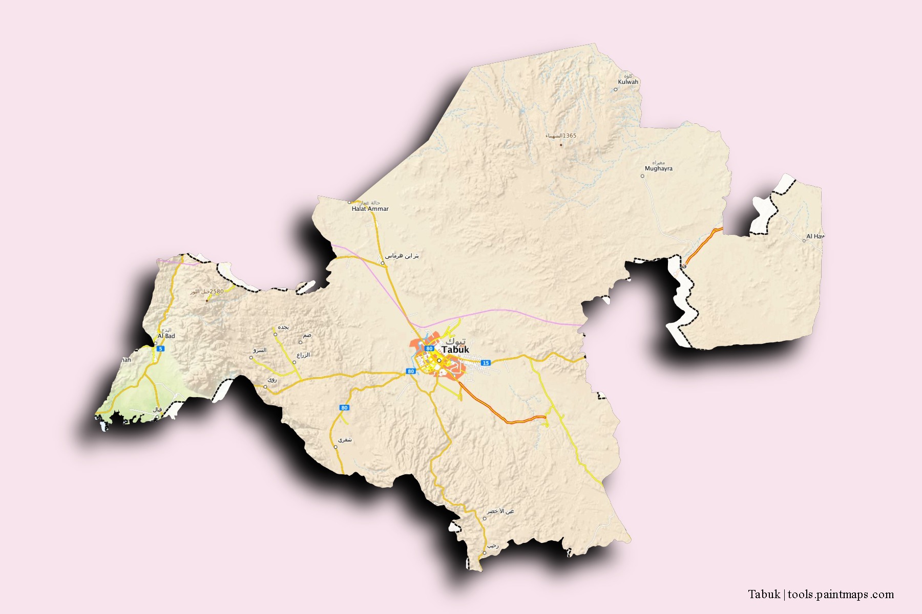 Mapa de barrios y pueblos de Tabuk con efecto de sombra 3D